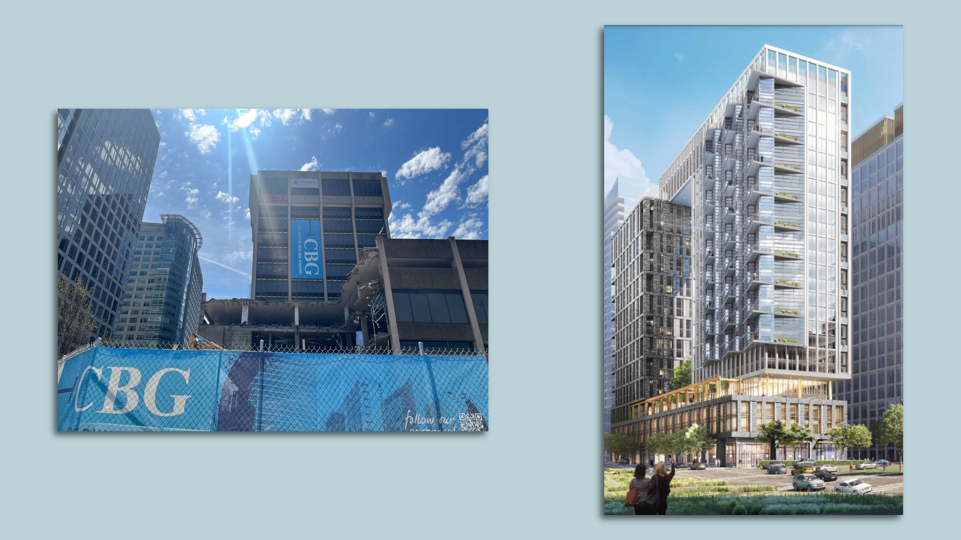 A side-by-side picture of a demolishing 1960s era building and a rendering of a new 27-story luxury tower