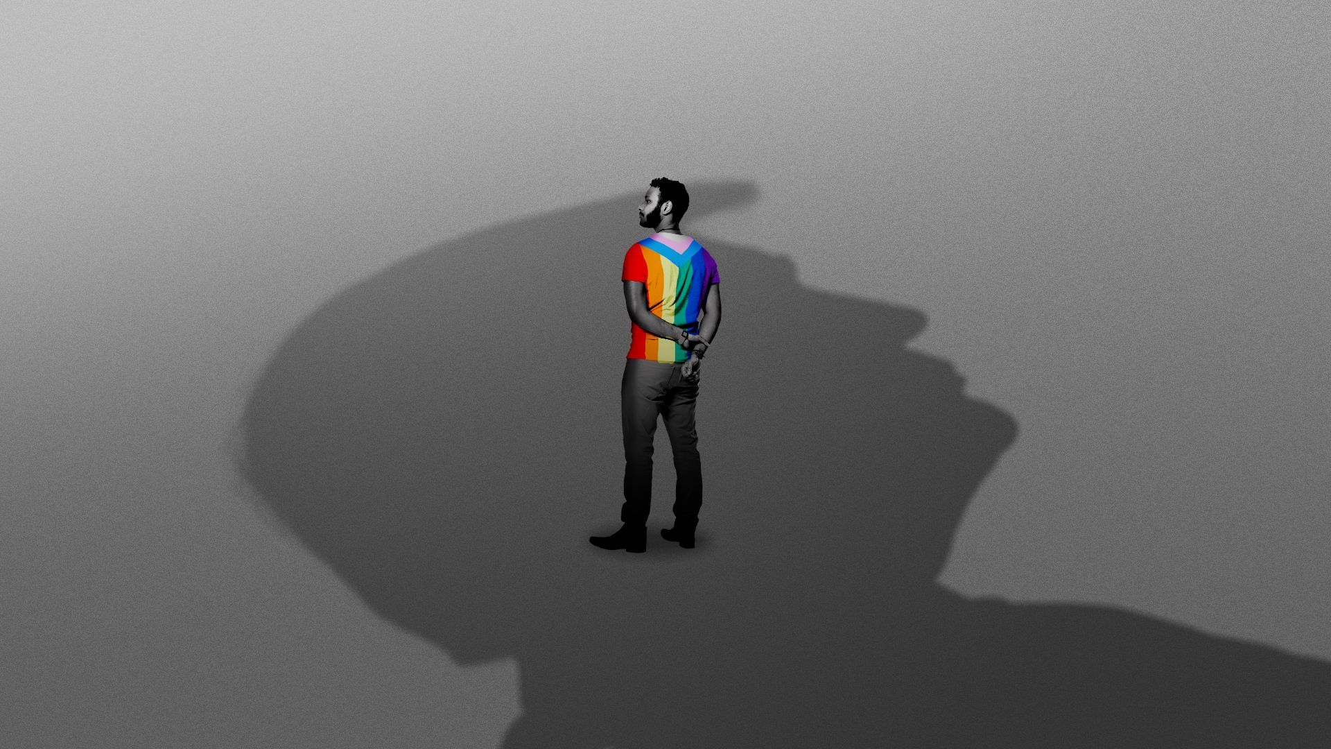 Illustration of a small man in an LGBTQ+ flag shirt with Trump's shadow being cast over him