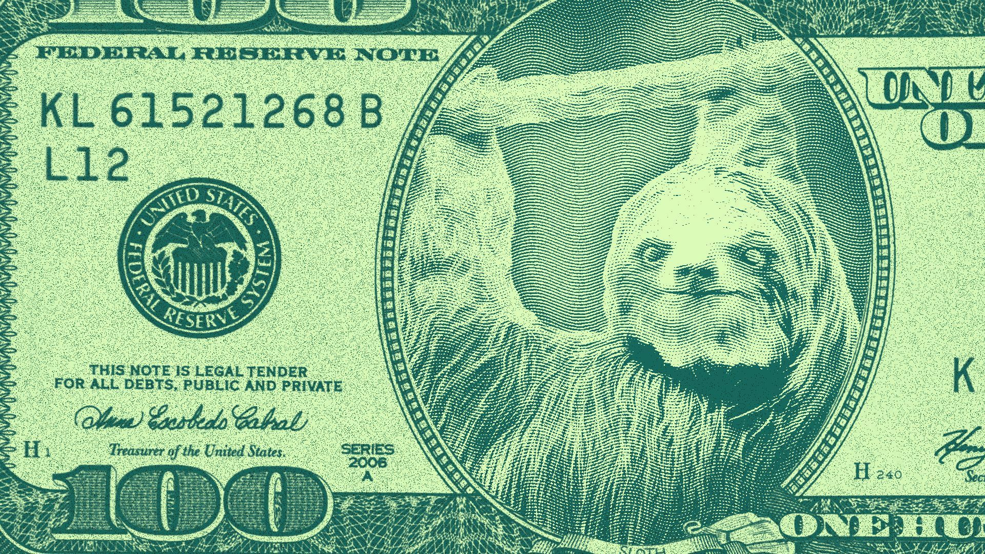 Illustration of a hundred dollar bill with a sloth instead of Ben Franklin. 