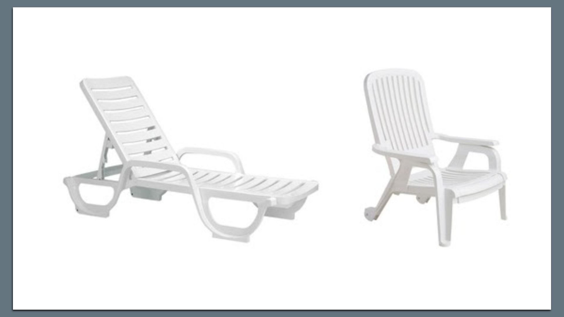 Two white plastic outdoor chairs on a white background: a left-side reclining lounge chair with slatted back and seat; a right-side high-backed armchair with vertical slats and armrests.