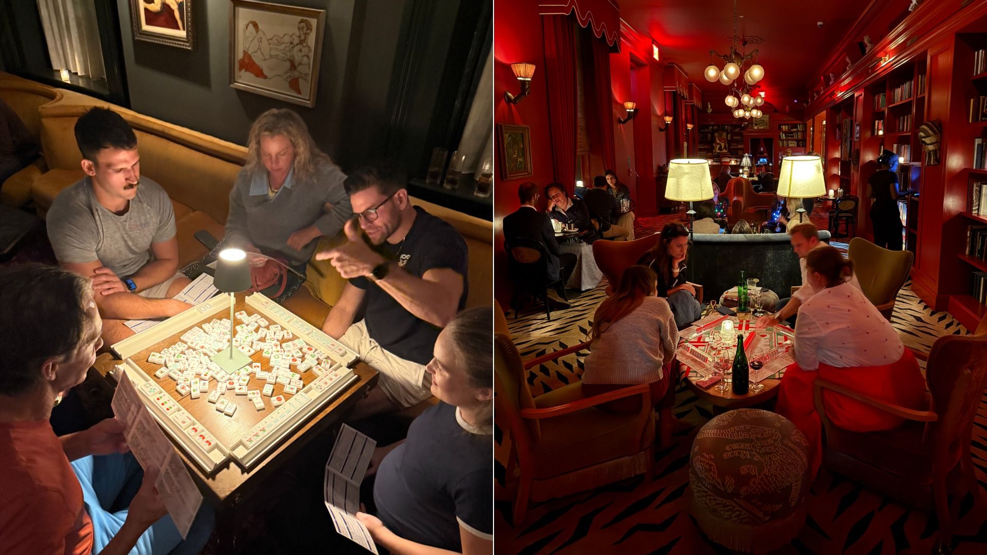 Two groups of people playing Mahjong in dimly lit rooms; left shows five people around square table with lamp and yellow couch, right shows four people in red room with zebra carpet and bookshelves.