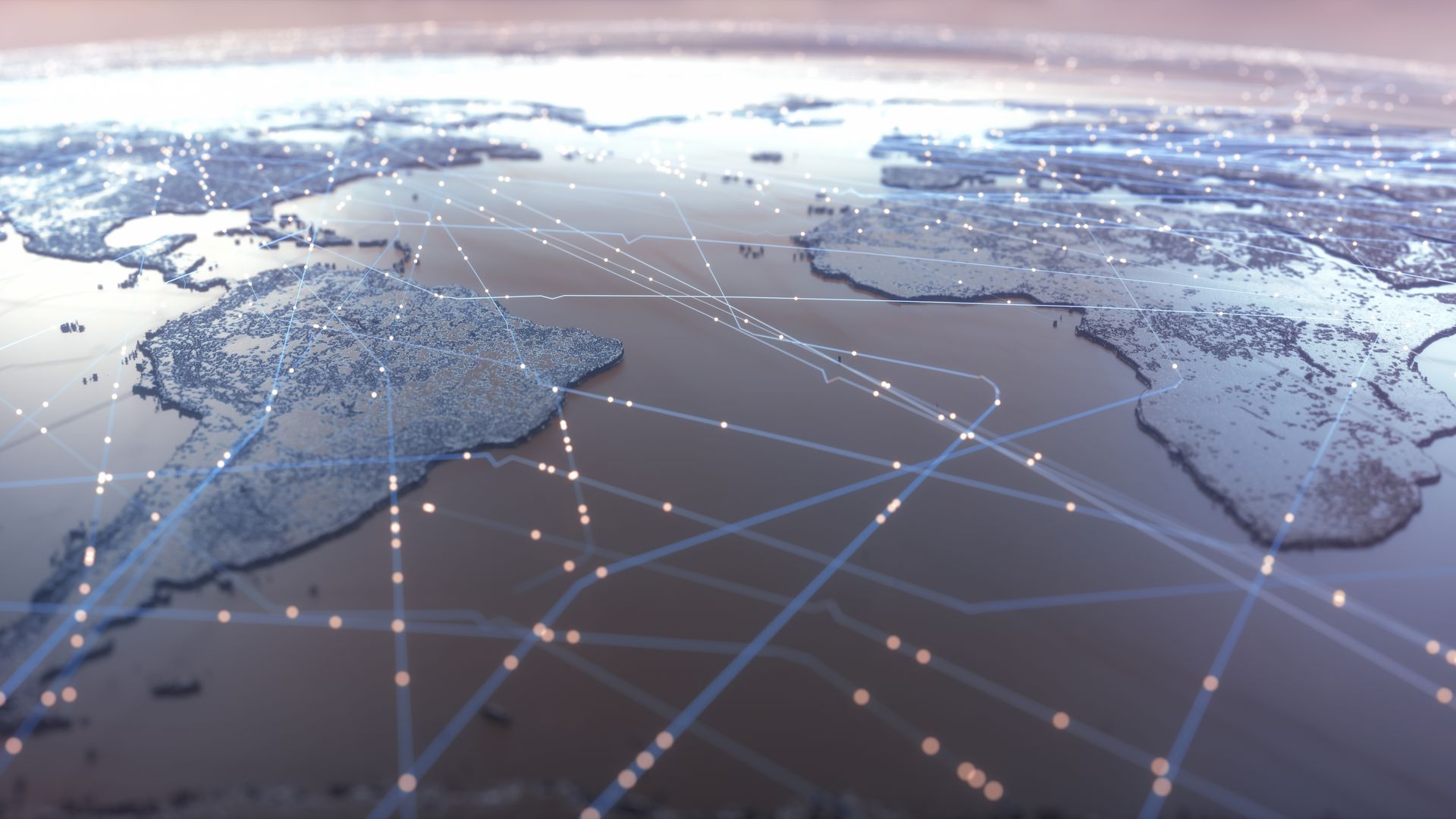 A stylized map of the globe with network lines connecting continents
