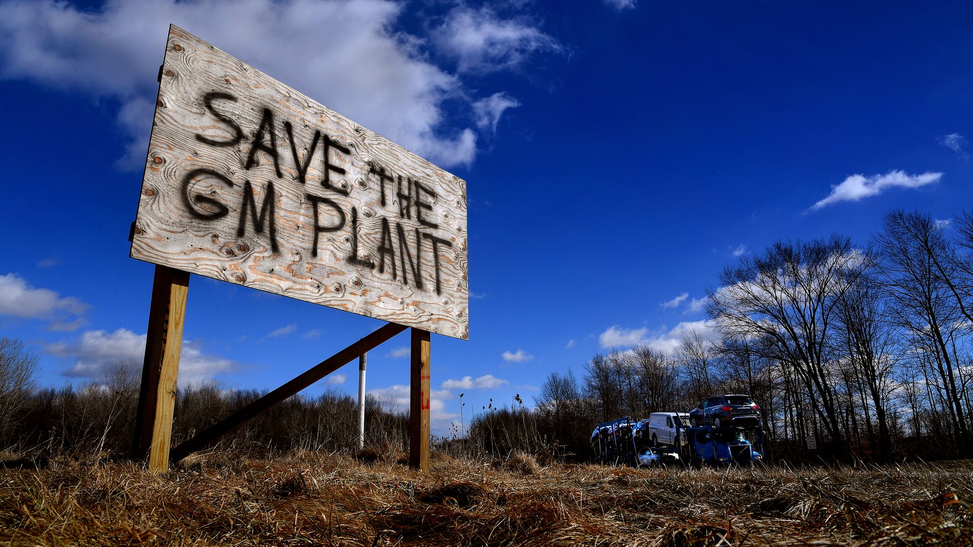 In this image, a wooden sign in a field reads "Save the GM plant"
