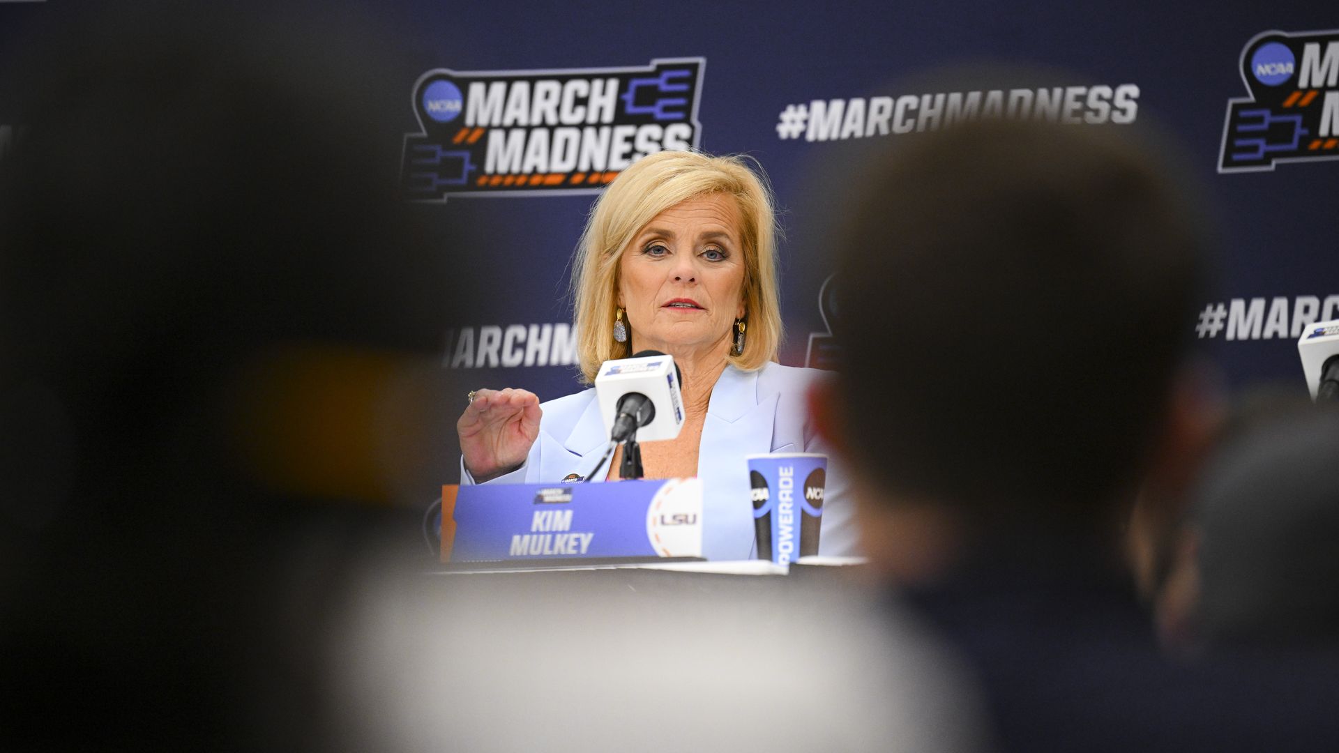 Photo of Head Coach Kim Mulkey of the LSU Tigers answers a question at the press conference during the first round of the 2024 NCAA Women's Basketball Tournament 
