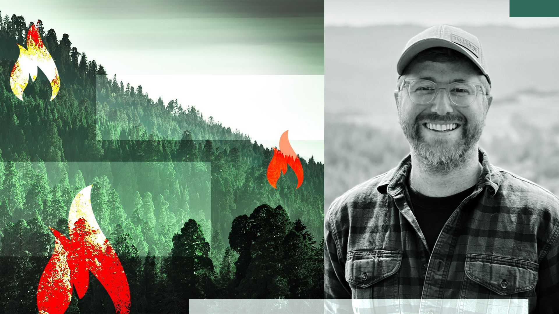 Photo illustration of Bill Clerico with forest and wildfire imagery.