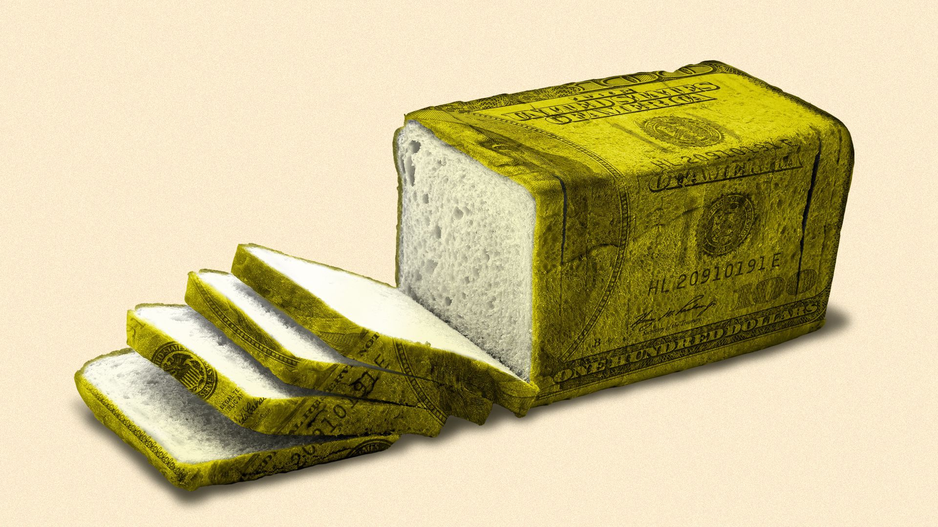 Illustration of a hundred dollar bill in the shape of a loaf of bread