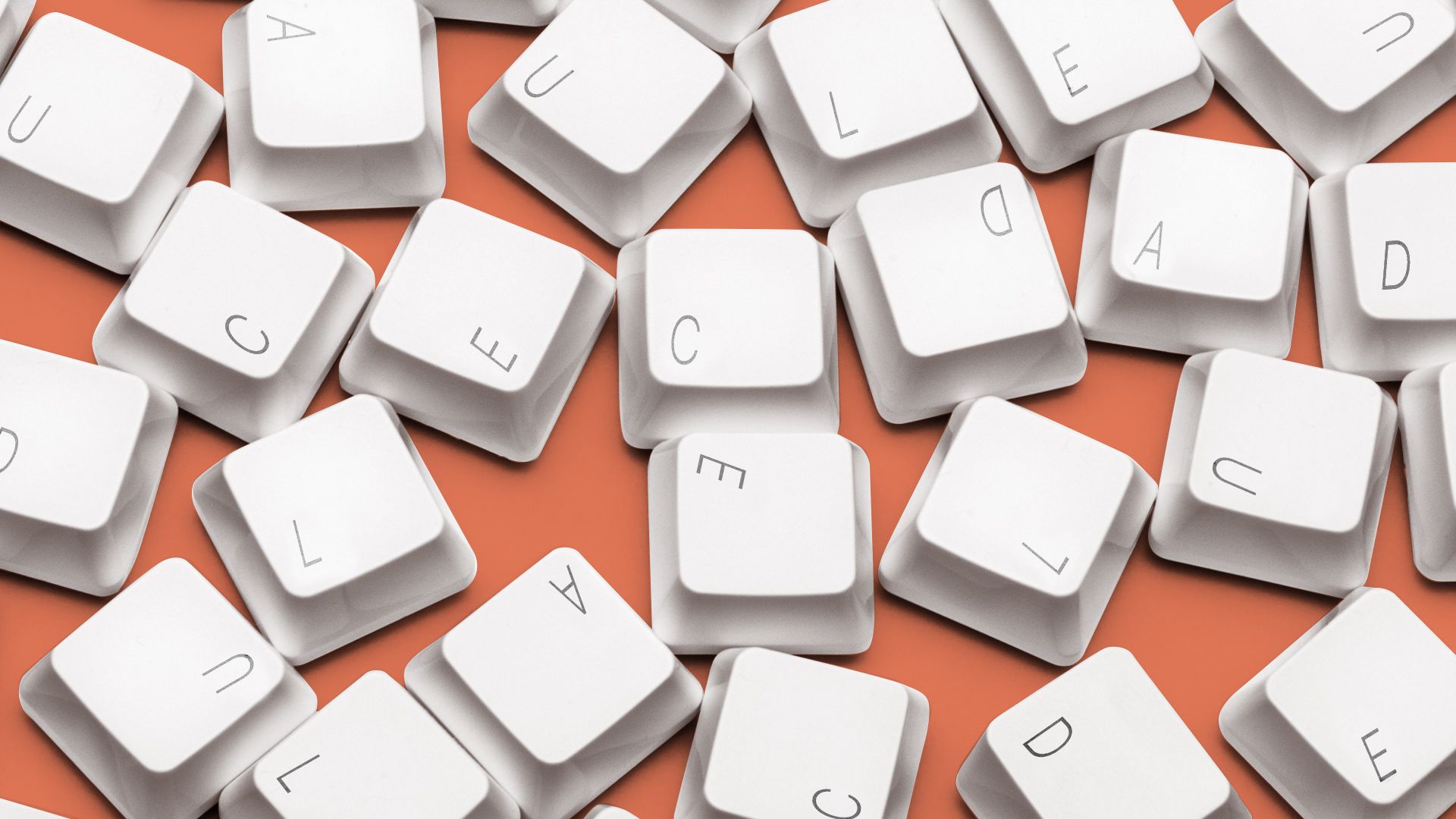 Illustration of keyboard keys with the letters C, L, A, U, D and E, all mixed up and jumbled. 
