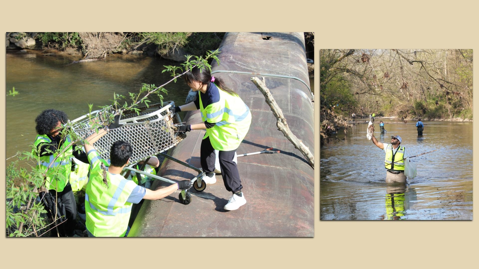 Two-panel river cleanup: left shows volunteers in high-visibility vests lifting a metal debris basket onto a barge; right shows a man in waders lifting trash from waist-deep water.