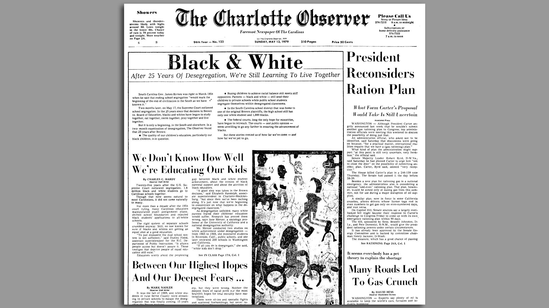the Charlotte observer front page from May 13, 1979. Headlines are about fixing racial inequalities in schools, and a gas crisis.