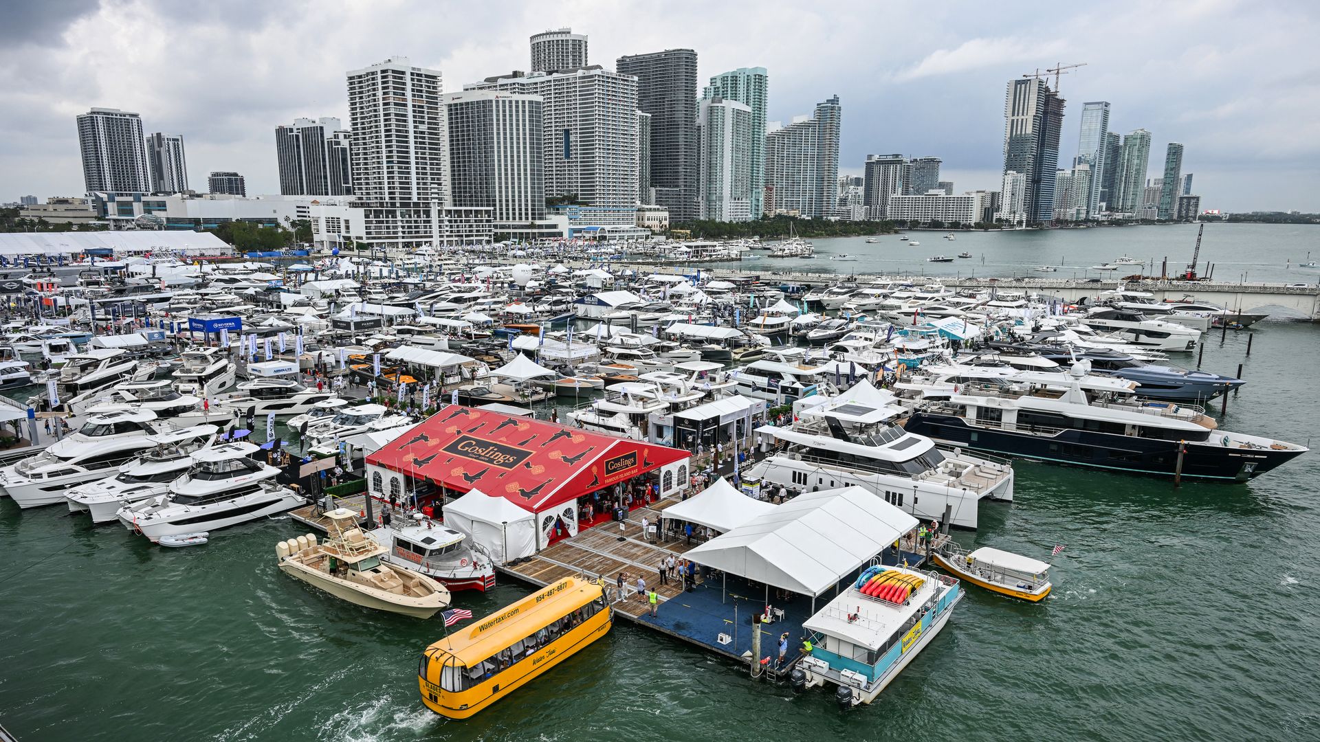 Boats are displayed in Miami Bay during the Discover Boating Miami International Boat Show in Miami, Florida, on February 17, 2024. (Photo by GIORGIO VIERA / AFP) (Photo by GIORGIO VIERA/AFP via Getty Images)
