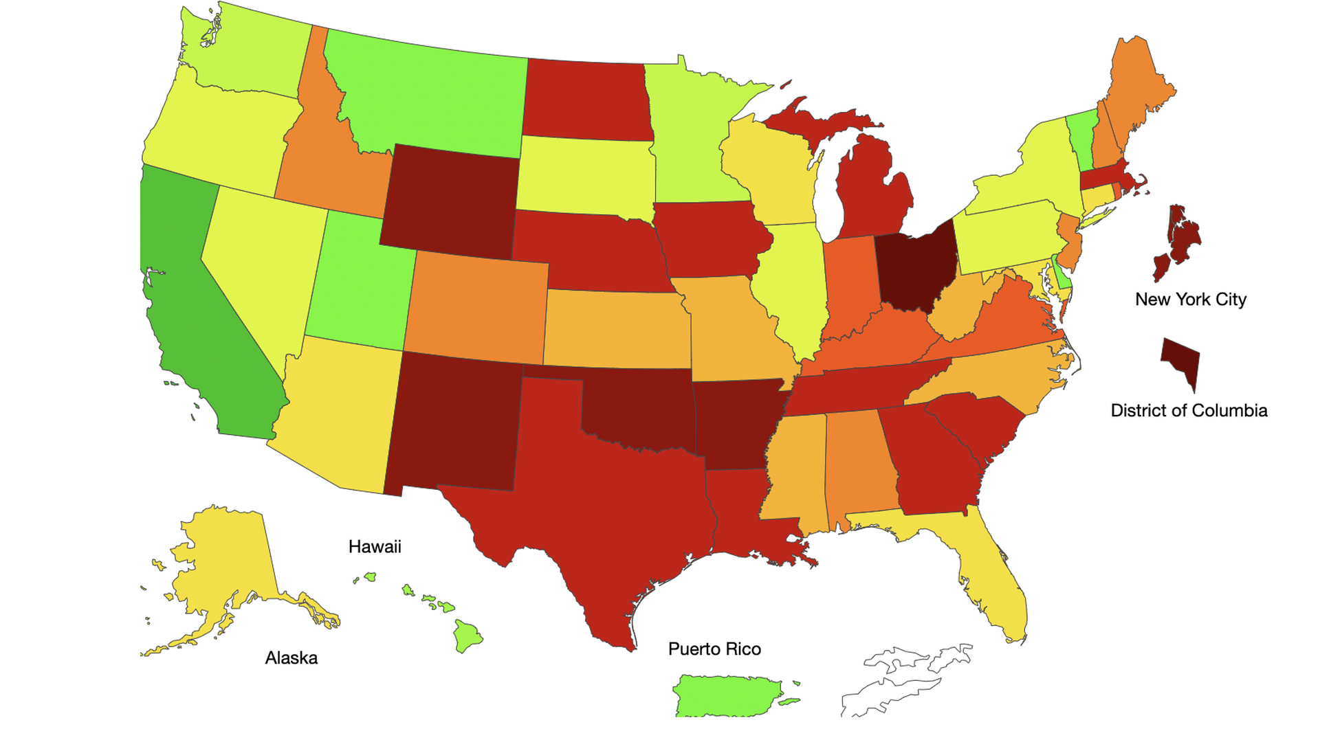 A map showing influenza levels, Iowa is marked red for high levels