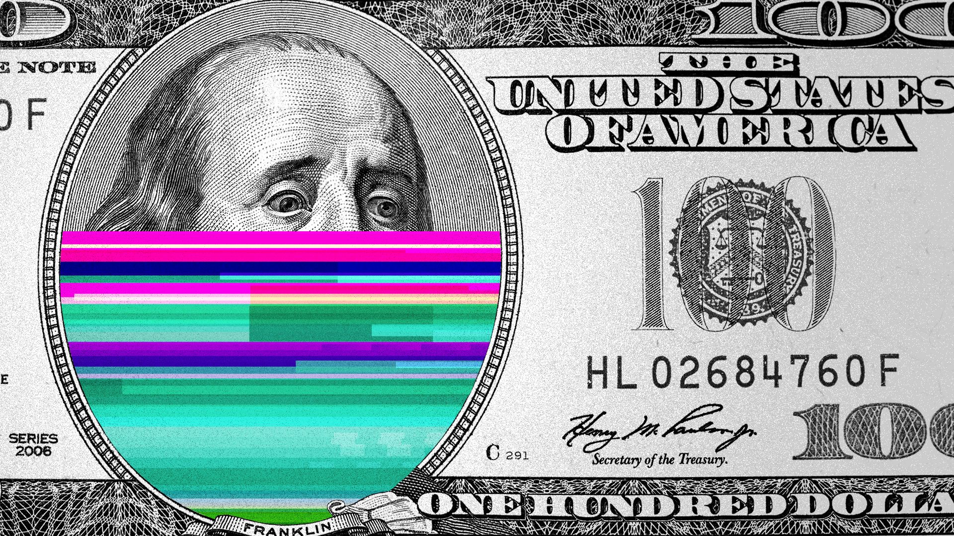 Illustration of Benjamin Franklin becoming corrupted by a glitchy texture on the hundred dollar bill. 