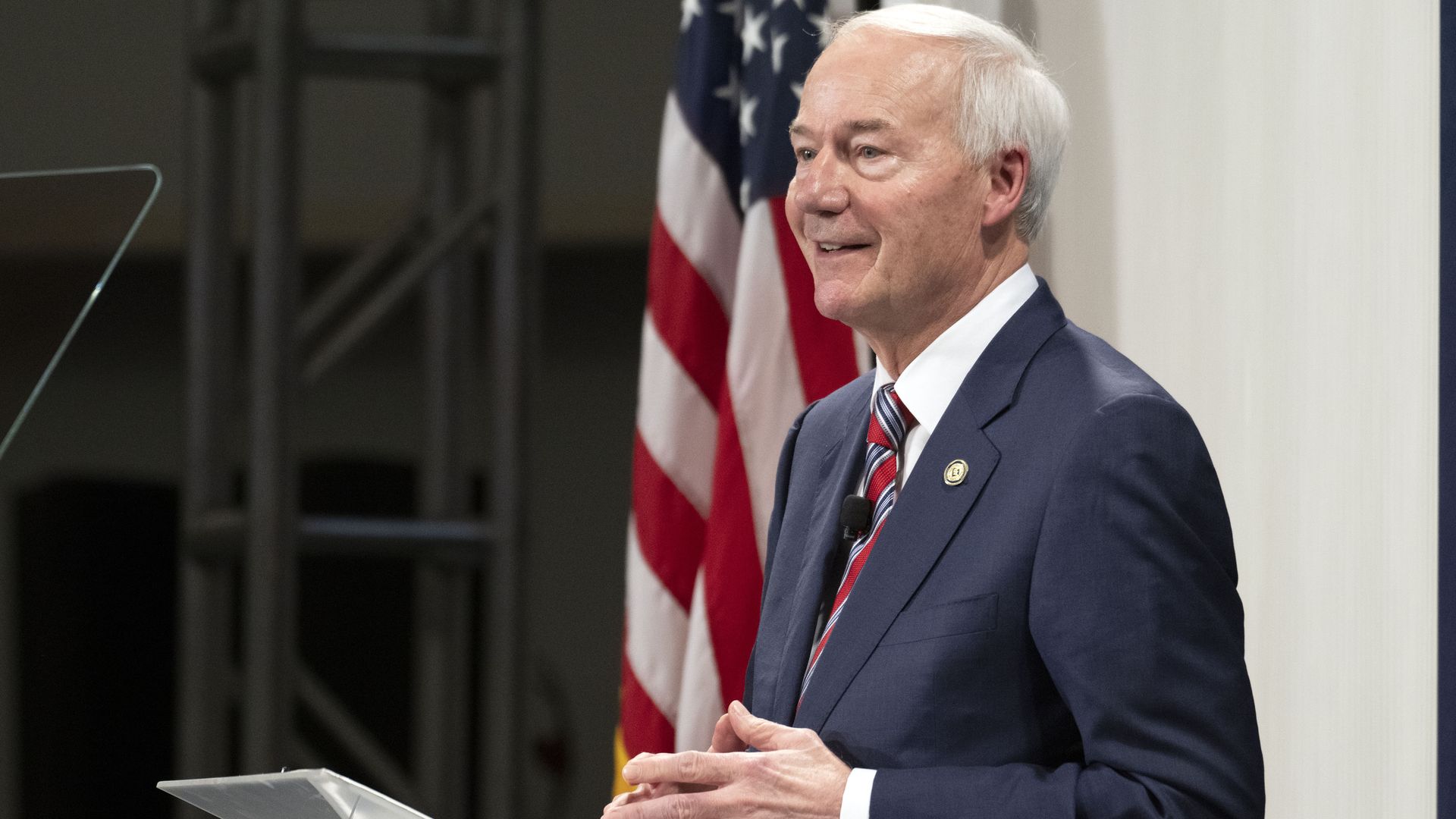 Arkansas Gov. Asa Hutchinson (R) speaking in California in November 2022.