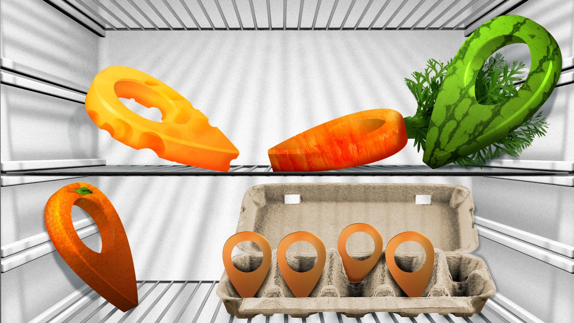 Illustration of an open refrigerator featuring eggs, cheese, an orange, a watermelon, and a carrot all in the shape of location icons 