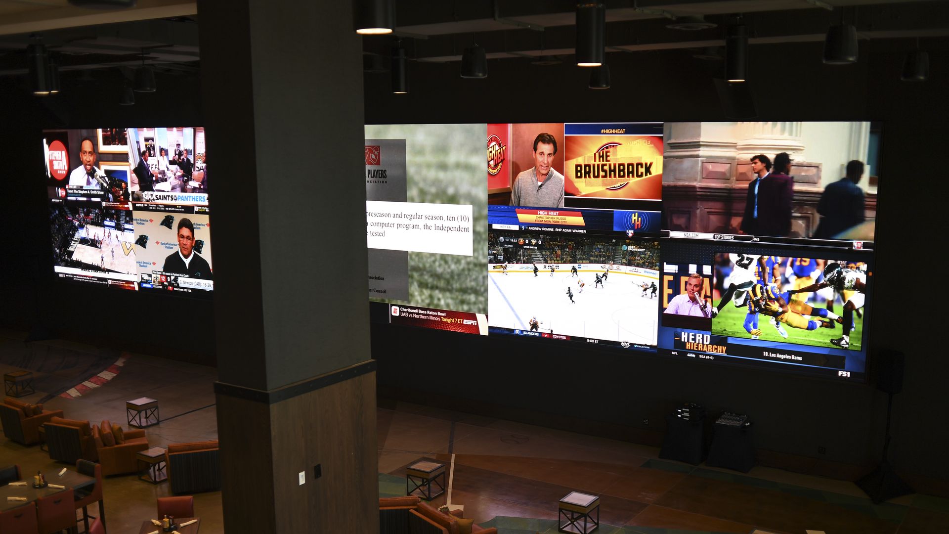 A cluster of hanging TV screens