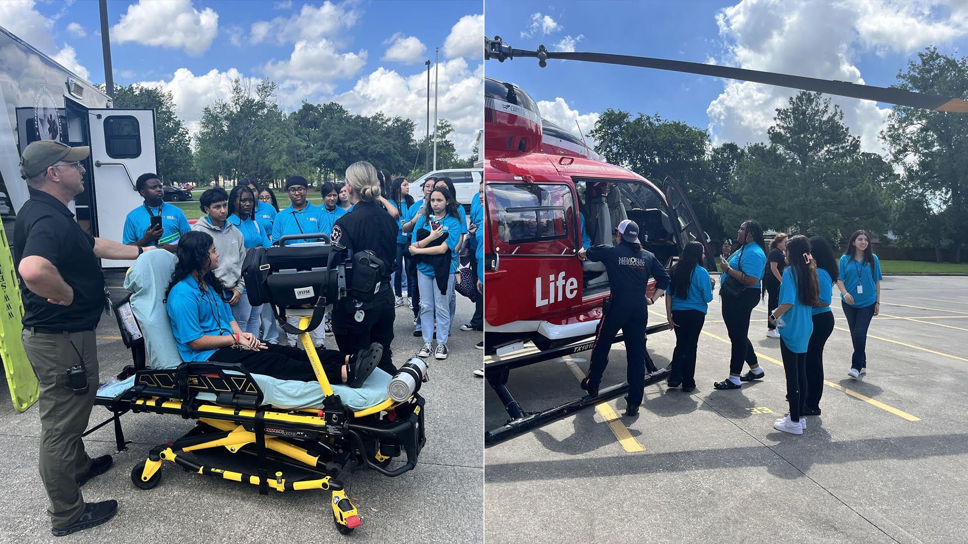 High school students see a stretcher and a medical helicopter.