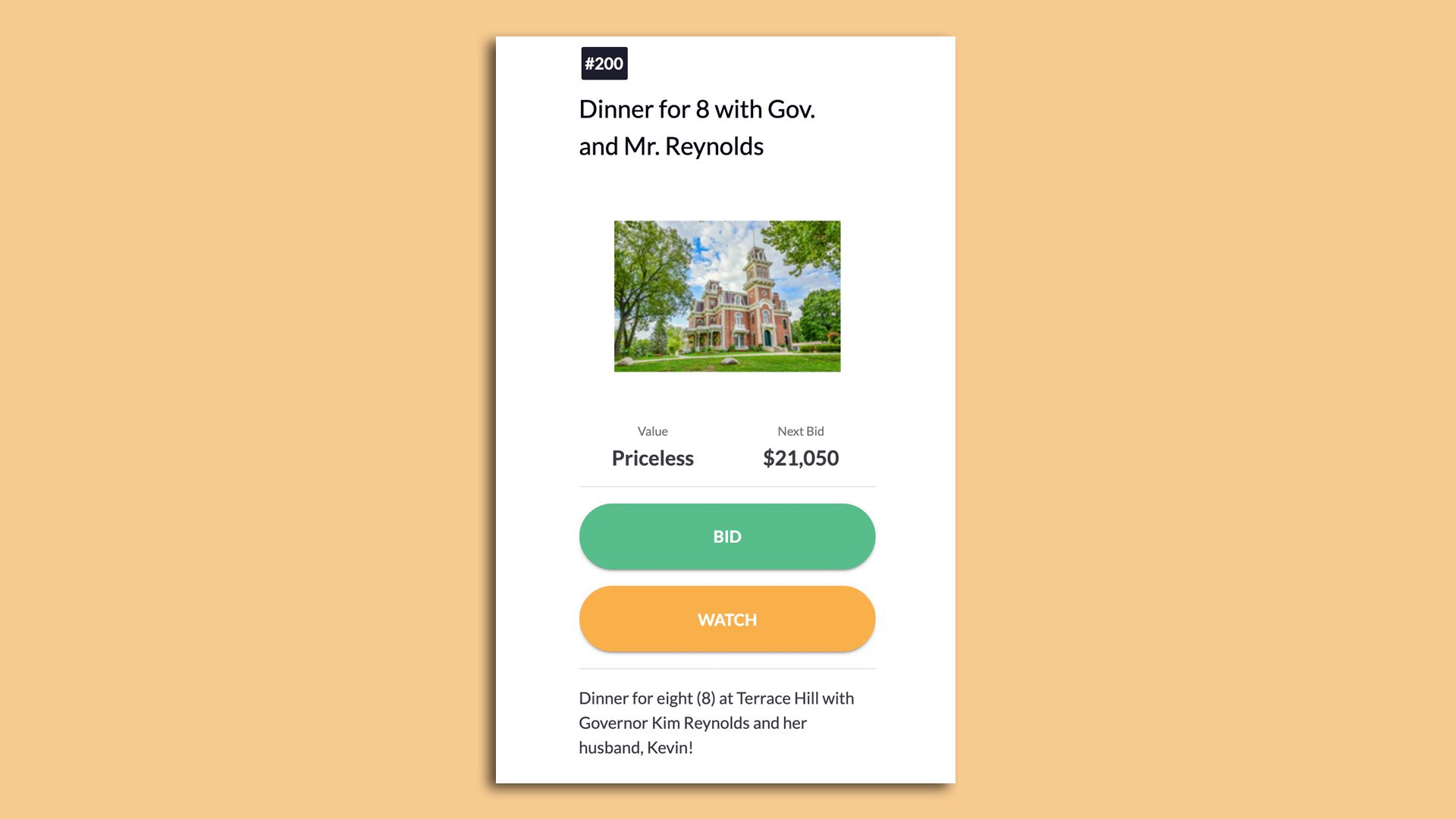 A photo of a $21,000 bid for dinner with Gov. Kim Reynolds.