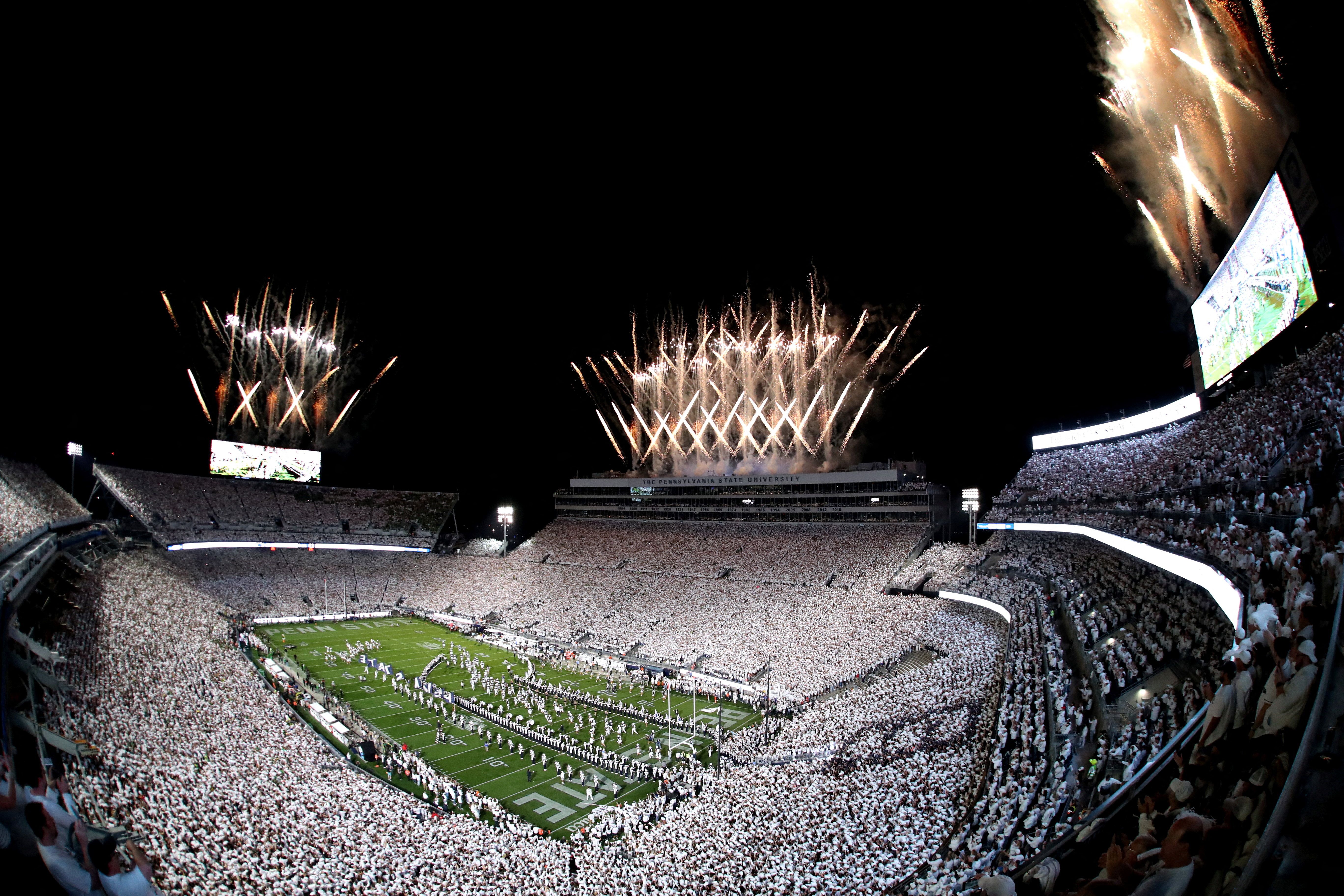Sep 27, 2025; University Park, Pennsylvania, USA; Fireworks are seen over an announced crowd of 111,015 during a White-Out game between the Penn State Nittany Lions and the Oregon Ducks at Beaver Stadium. Mandatory Credit: Matthew O'Haren-Imagn Images 