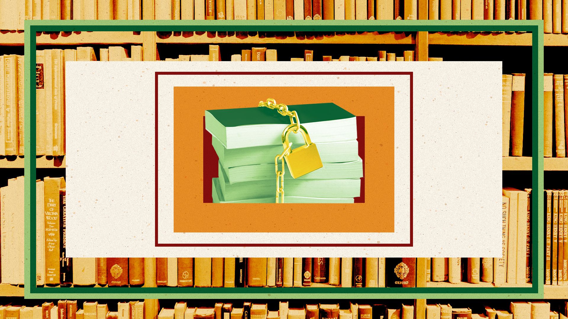 Illustration of geometric shapes containing a photo of a book bound in chains with a library image overlaid in the background.