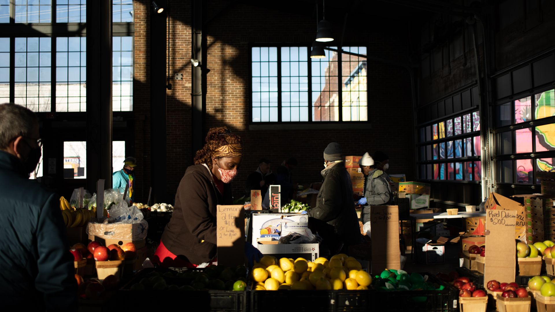 Food stand at farmers market interior