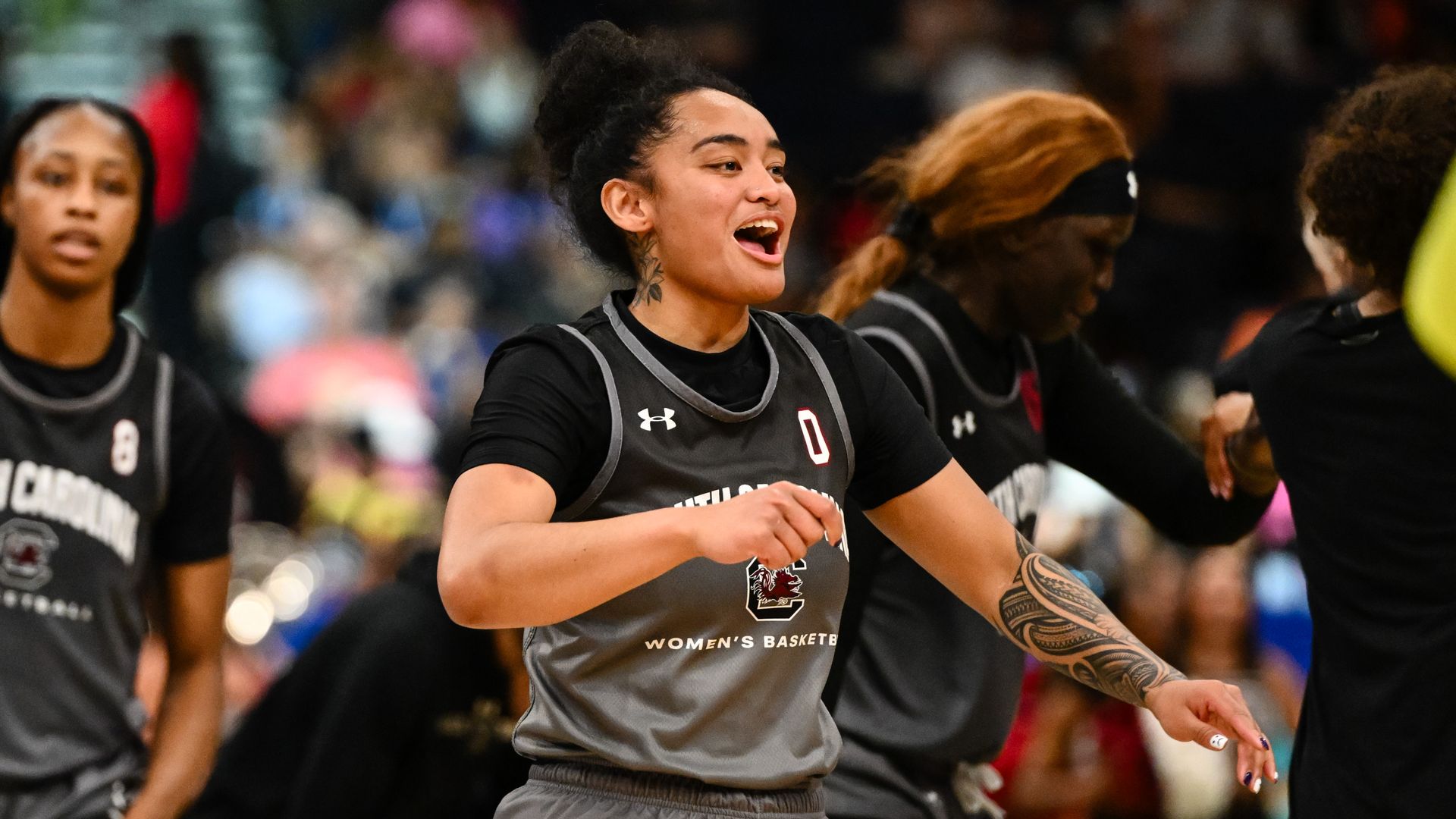 TAMPA, FLORIDA - APRIL 5: Te-Hina Paopao #0 of the South Carolina Gamecocks looks on during an open practice session ahead of the 2025 NCAA Women's Basketball Tournament Championship game at Amalie Arena on April 5, 2025 in Tampa, Florida. (Photo by Thien-An Truong/ISI Photos/Getty Images)