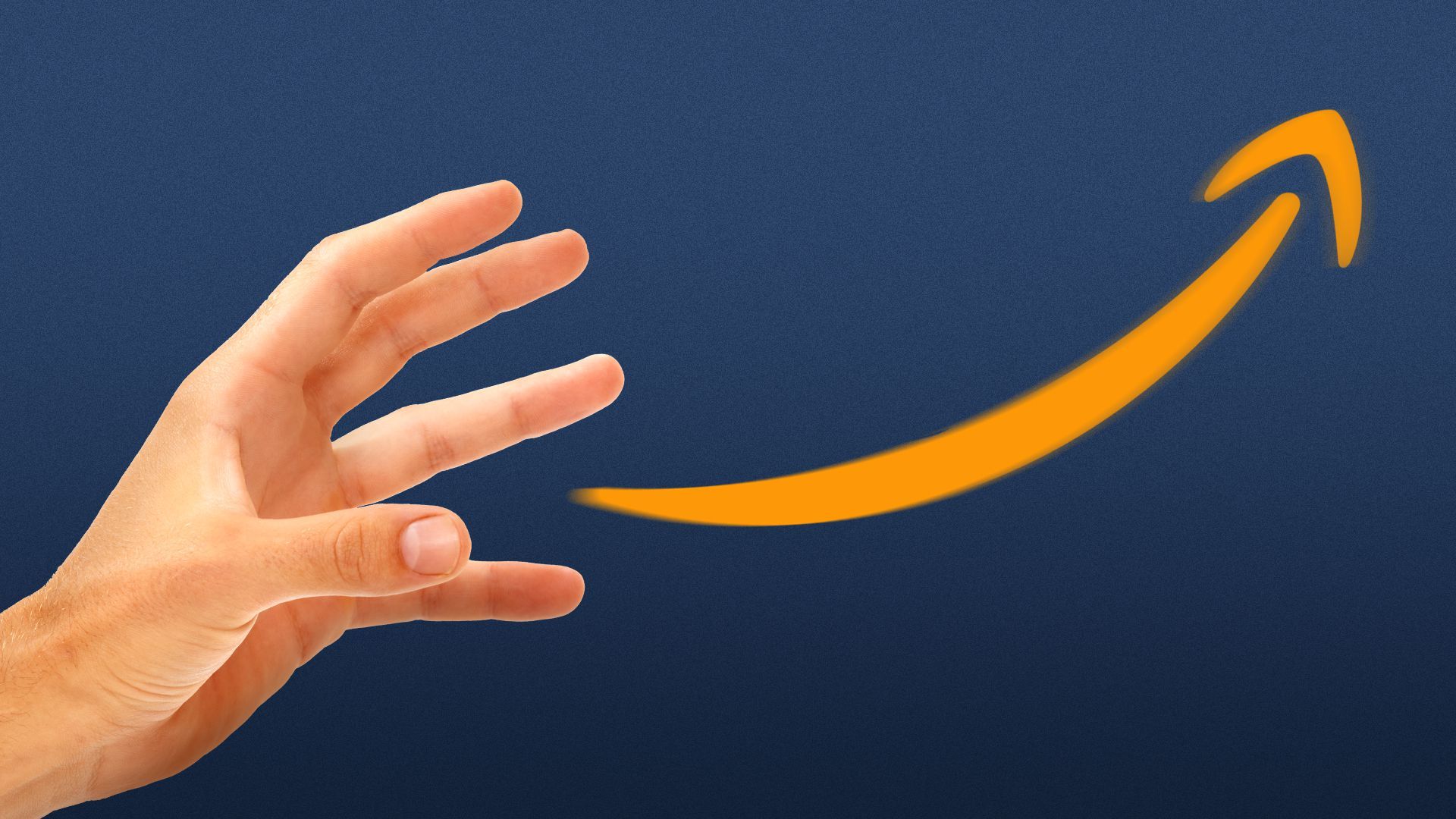 Illustration of a hand reaching for Amazon's logo.