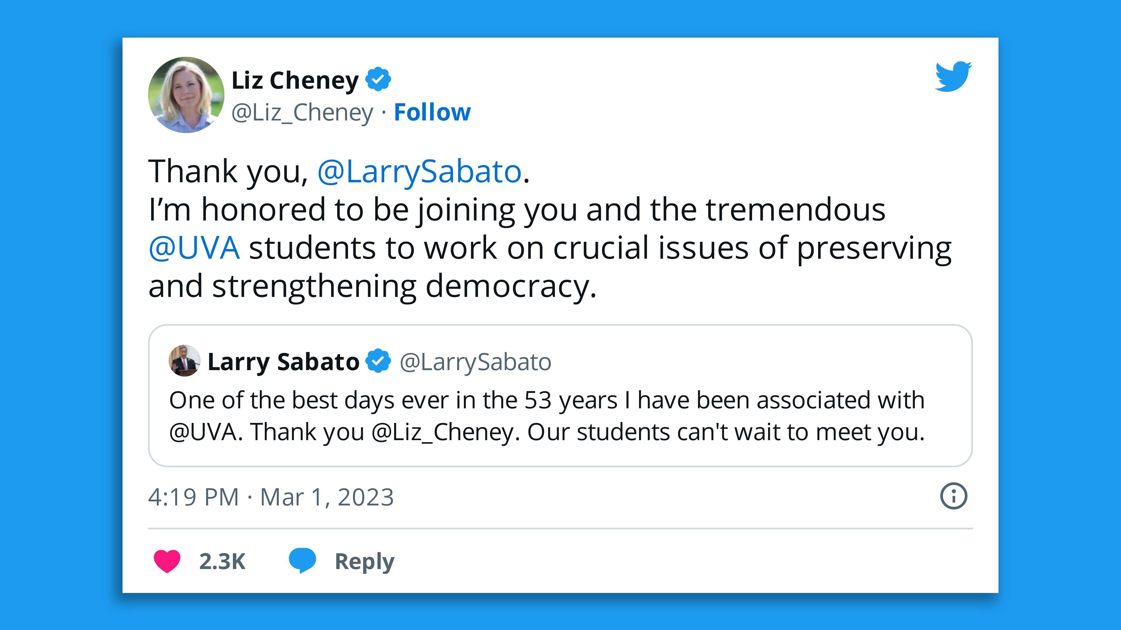A screenshot of a tweet by former GOP Rep. Liz Cheney stating, " I’m honored to be joining you and the tremendous  @UVA  students to work on crucial issues of preserving and strengthening democracy."