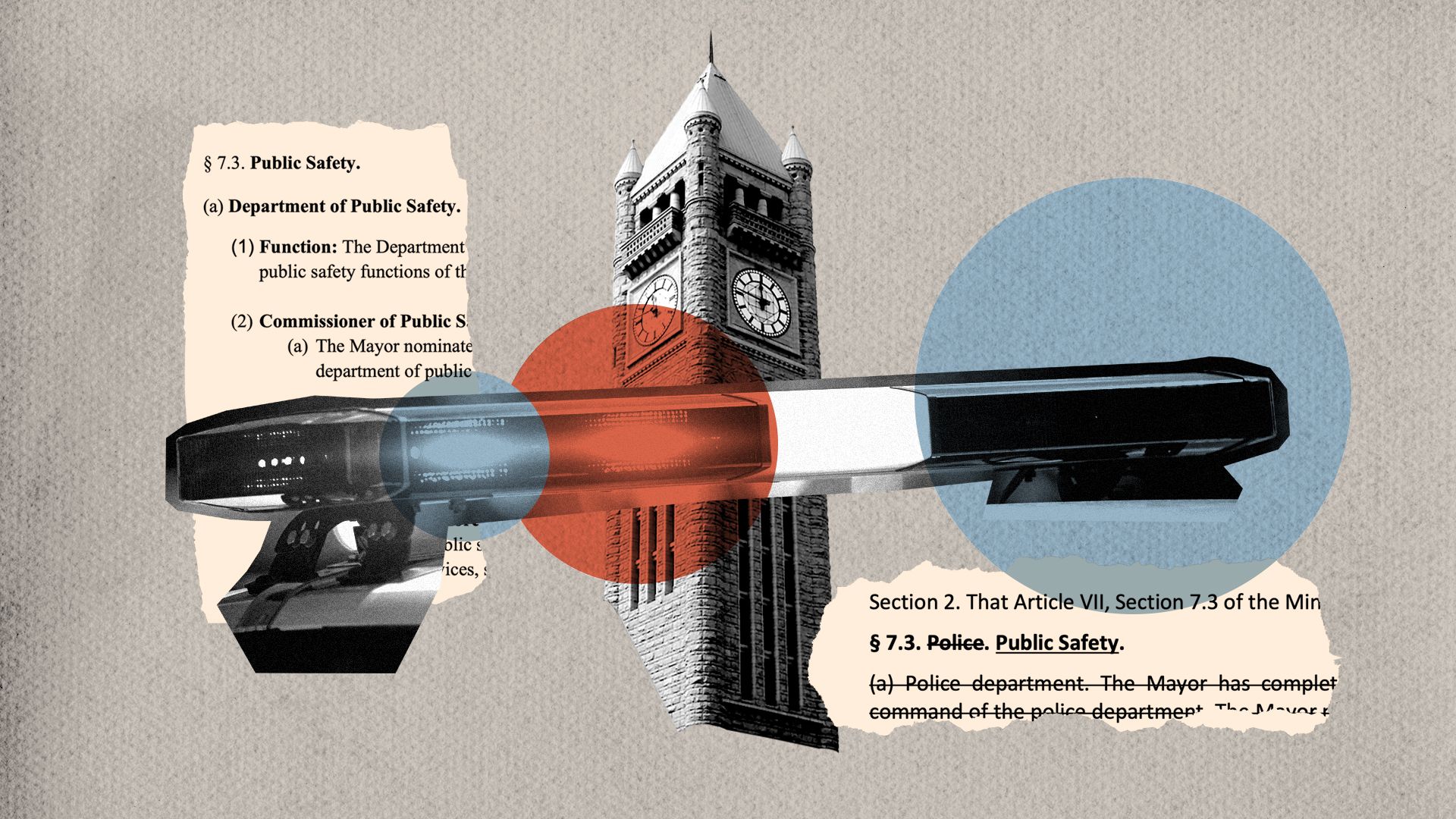 An illustration of a gun, text of police reforms and city hall 