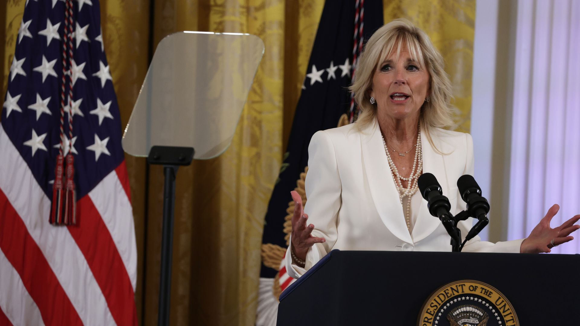 Jill Biden speaks at an event celebrating Pride month in the East Room of the White House June 15