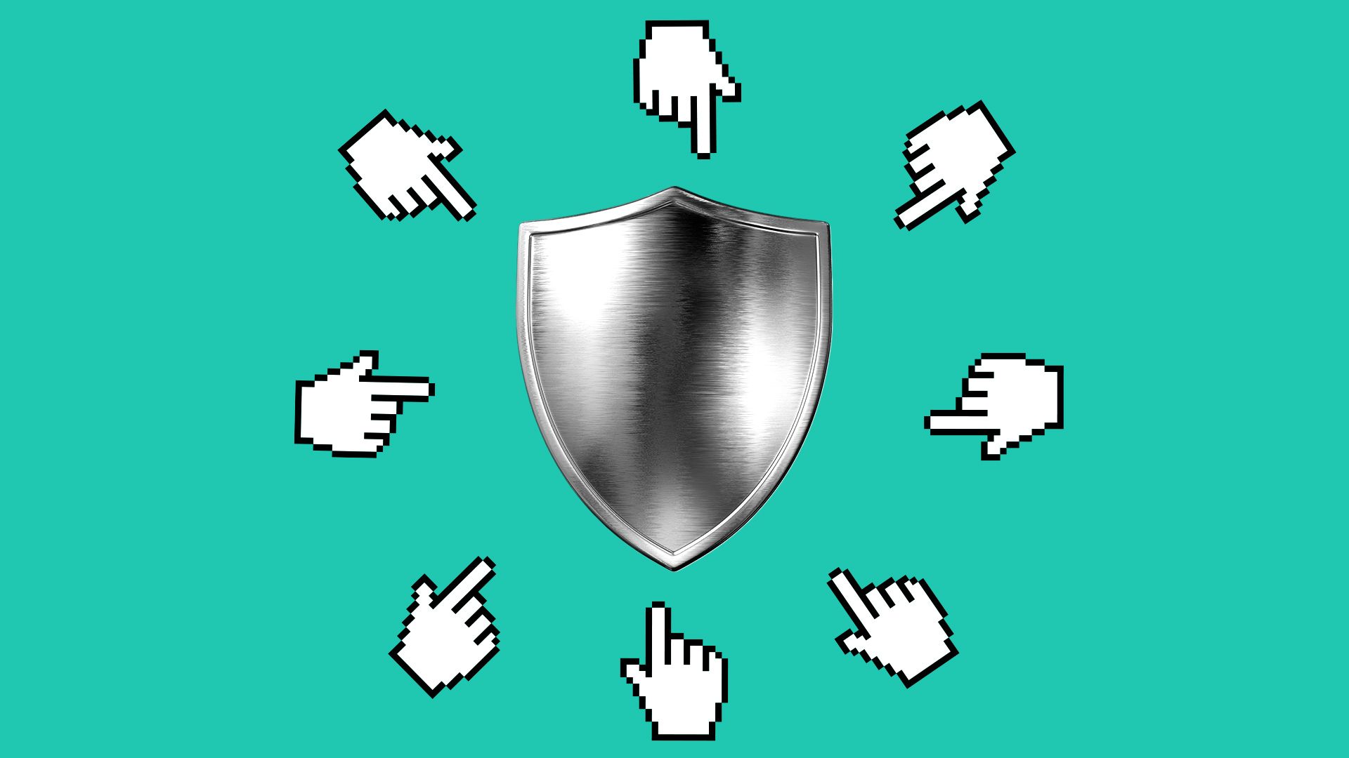 Illustration of a shield surrounded by pointing hand cursors.