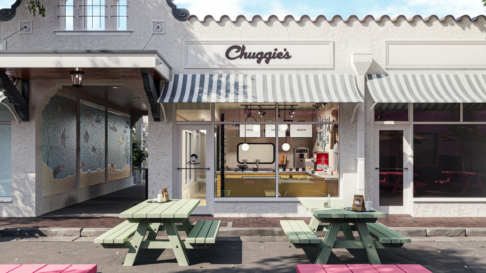 Exterior rendering of Chuggie's, a light gray building with striped awnings, green picnic tables outside, and a large window showing an ice cream counter inside.