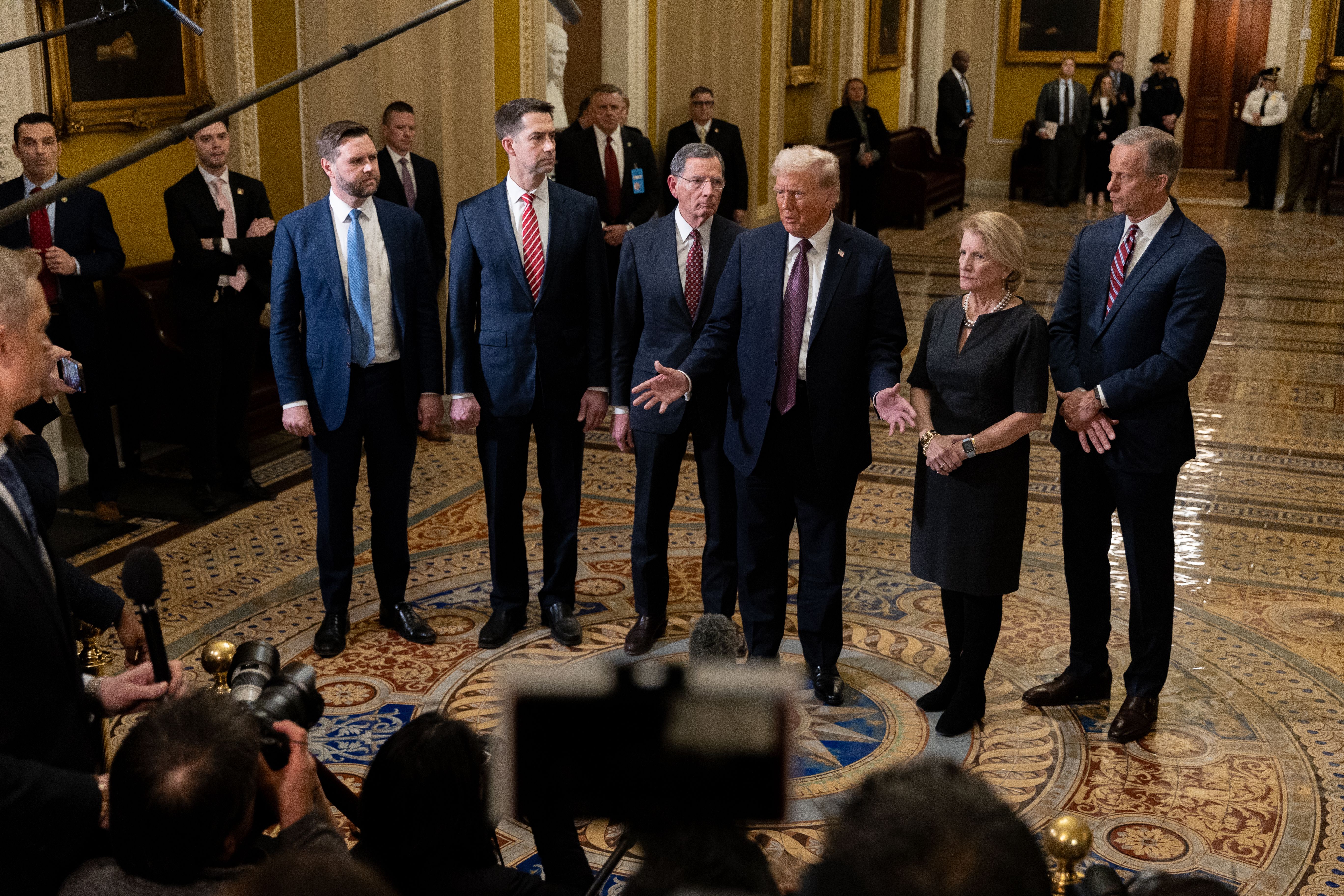 President-elect Donald Trump speaks to the press following a meeting with Senate Republicans at the U.S. Capitol Building in Washington, DC on January 8, 2025. (Photo by Nathan Posner/Anadolu via Getty Images)