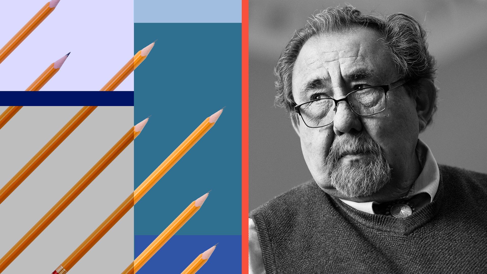 Photo illustration of Raul Grijalva with #2 pencils and abstract shapes.