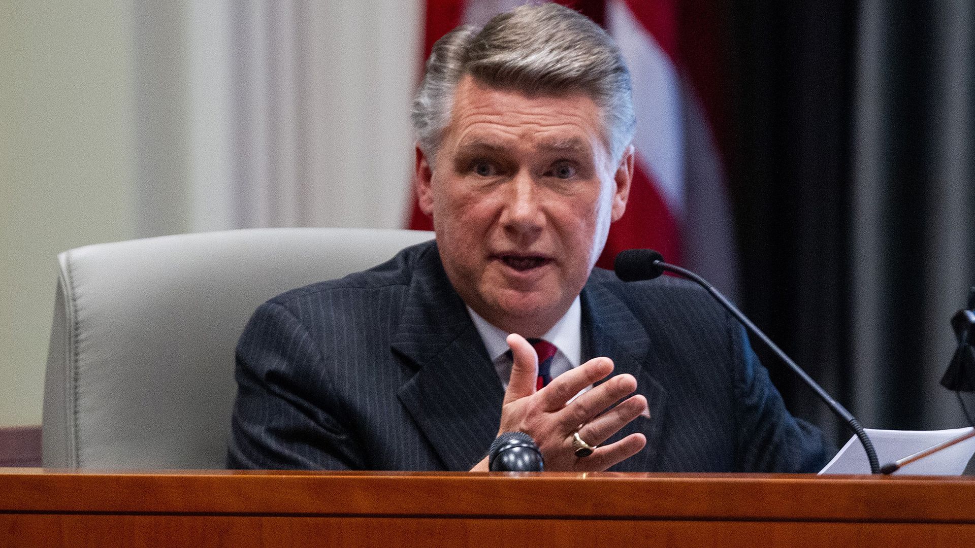 North Carolina Republican Mark Harris responds to questions at a 2019 hearing about his involvement in an election fraud controversy