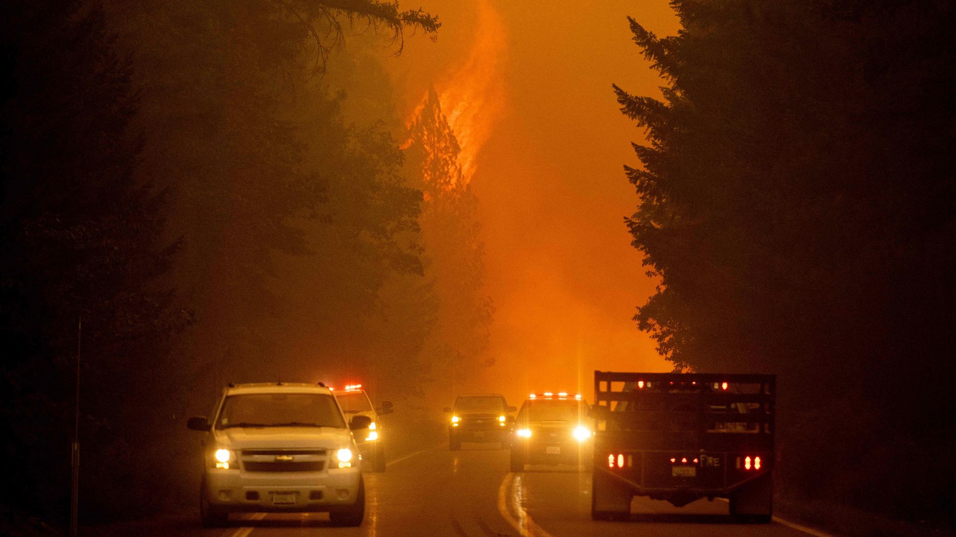  Firefighters monitor the scene as flames from the Dixie fire jump across highway 89 near Greenville, California on August 3