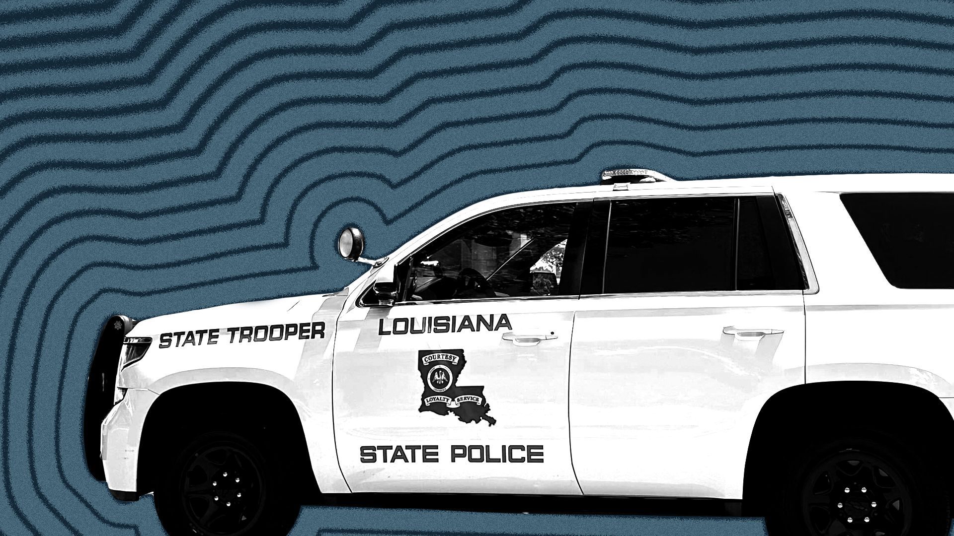 Photo illustration of a Louisiana State Police cruiser with lines radiating from it.
