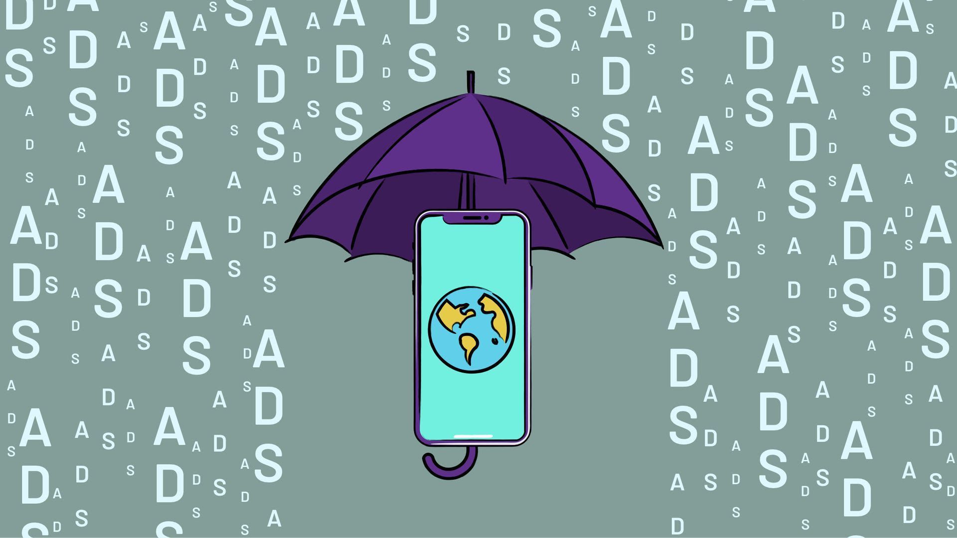 An illustration with an image of a globe on a smartphone under an umbrella while the word "ads" rains down.