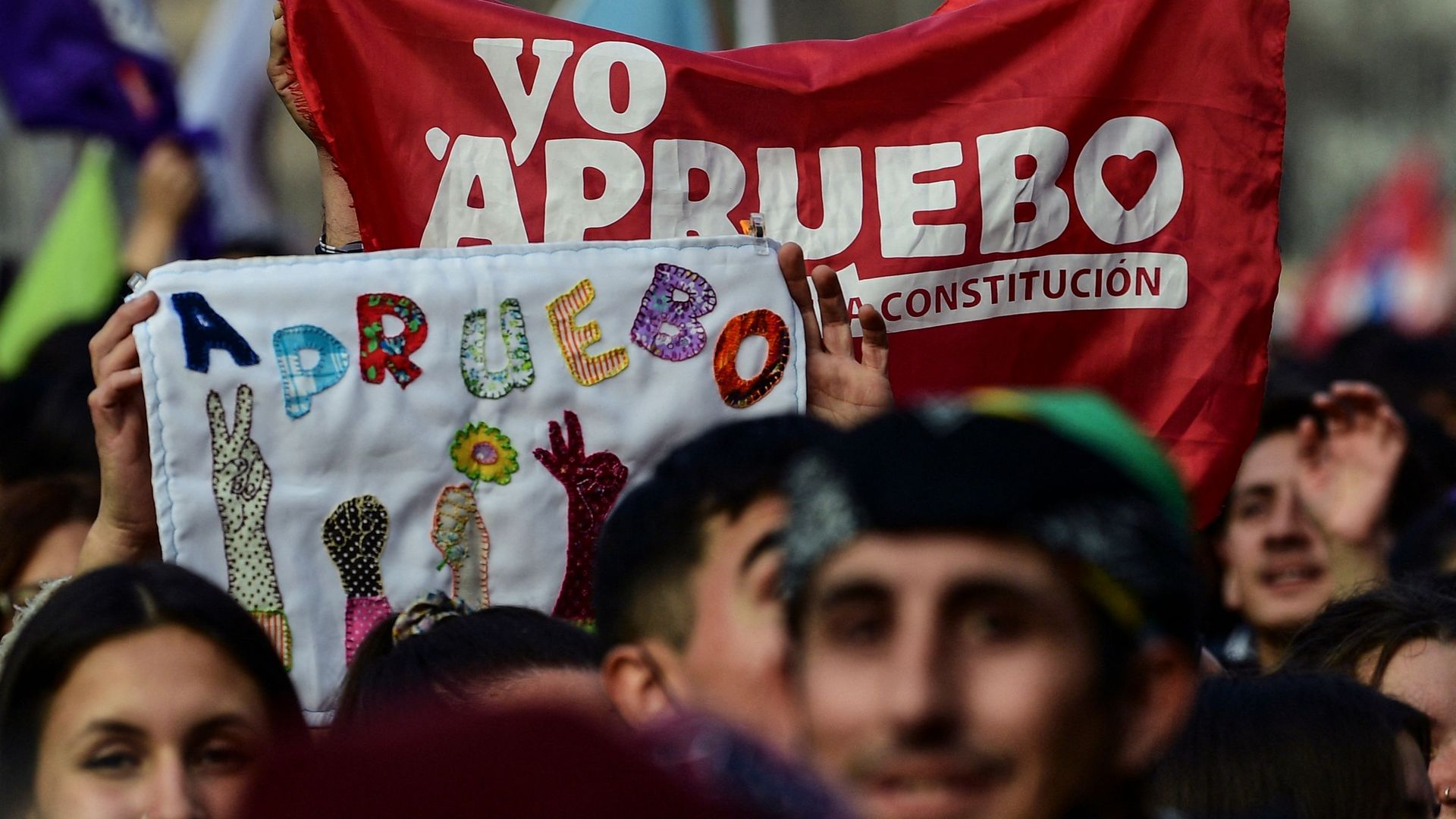 Supporters of Chile's new constitution attend the closing campaign rally in Santiago, on Sept. 1. 