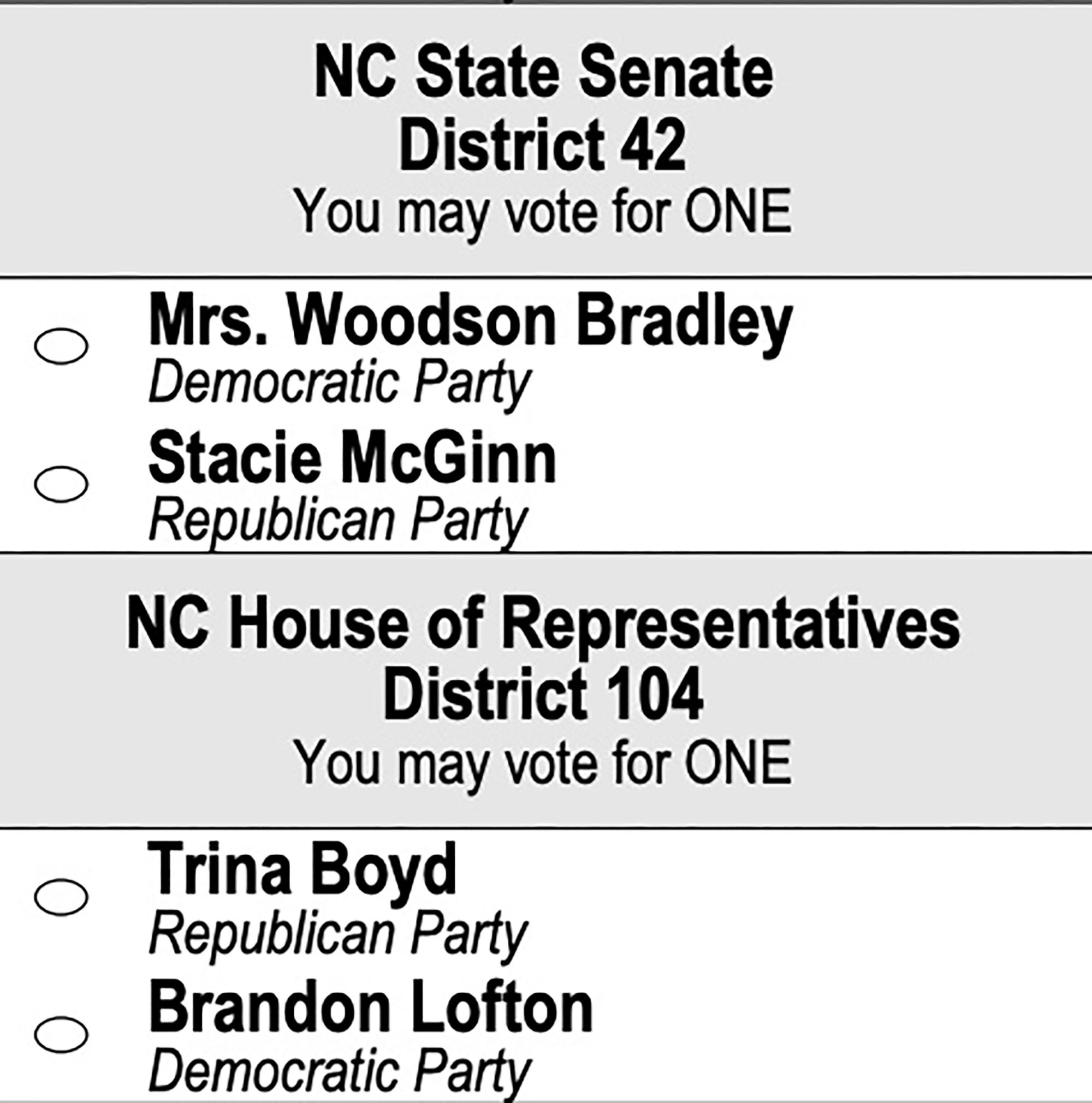 Ballot showing NC State Senate District 42 with a radio option for one candidate; entry for Mrs. Woodson Bradley. Also shows NC House District 104 with candidate Trina Boyd.