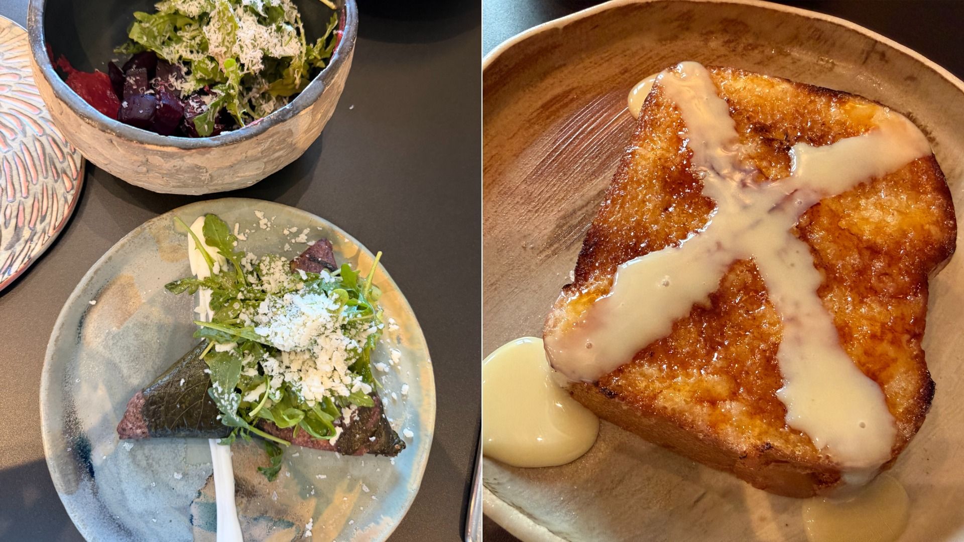 Split image: left pane shows two ceramic plates with salad greens, beets, and grated cheese. Right pane shows a thick slice of French toast with a pale creamy sauce drizzle on top.