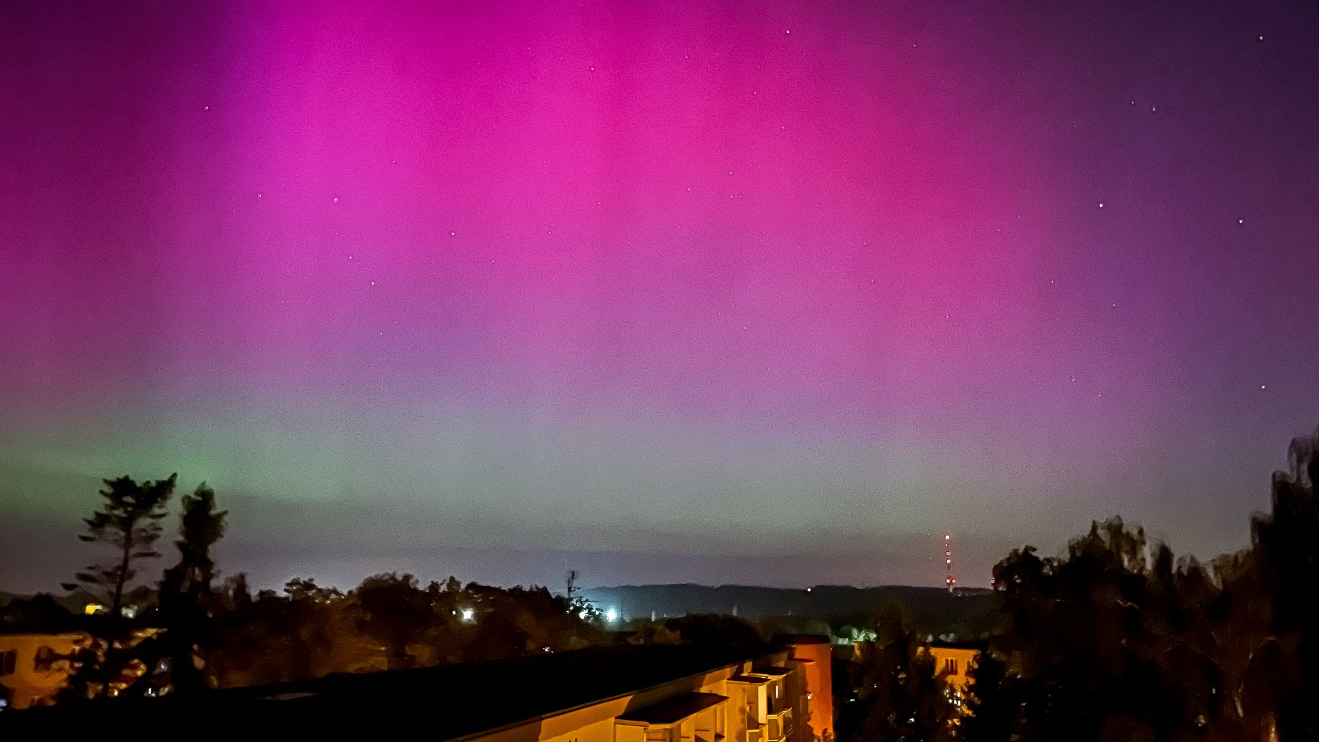 Northern lights illuminate the sky in Ostrava, Czech Republic on May 10, 2024.