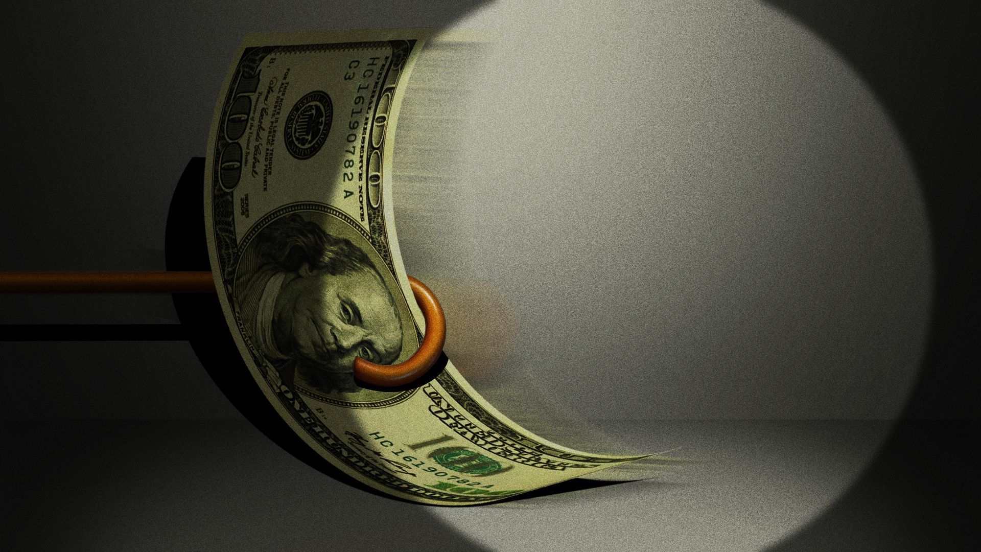 Illustration of a one hundred dollar bill being yanked out of the spotlight by a stage hook. 