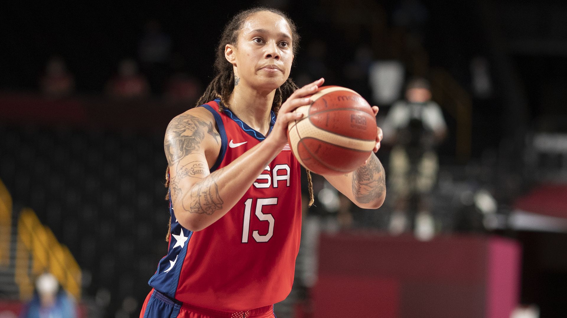 Brittney Griner #15 of Team USA o during the USA V Australia quarter final match in the basketball competition for women at the Saitama Super Arena during the Tokyo Summer Olympic Games.