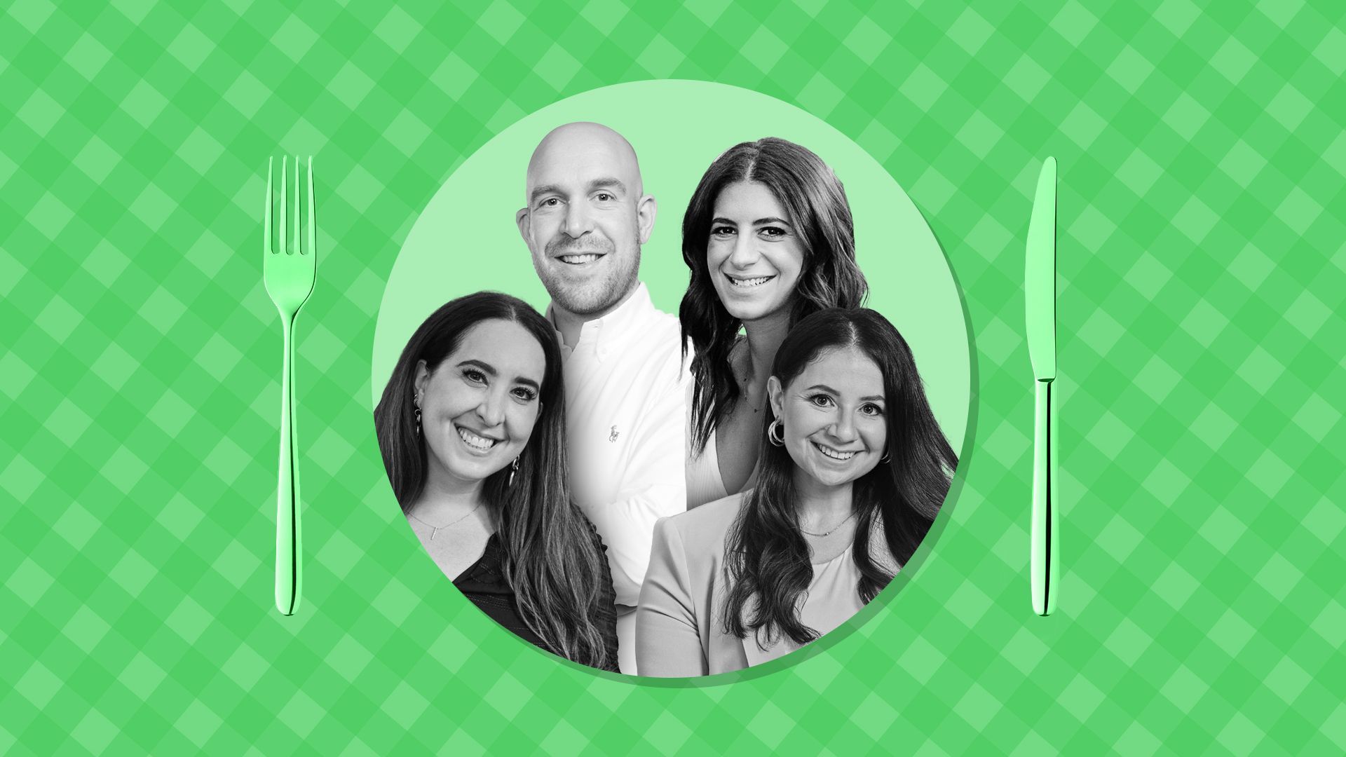 Photo illustration of Sami Sage, Alex “Solly” Solomou, Jordana Abraham and Aleen Dreksler on a picnic table patterned background.