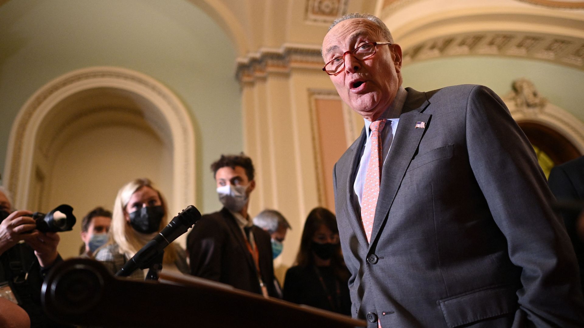 Senate Majority Leader Chuck Schumer is seen addressing reporters today.