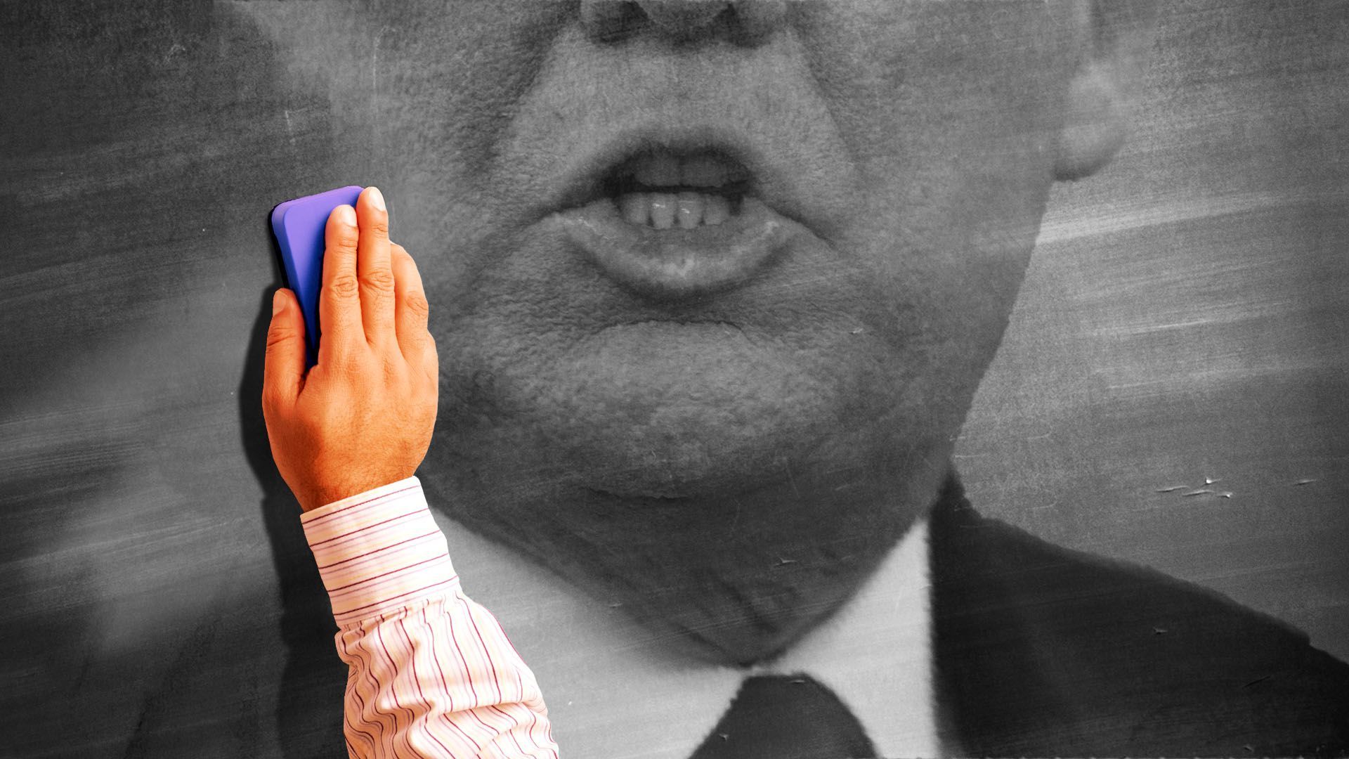 Illustration of a hand erasing an image of Trump at a black board