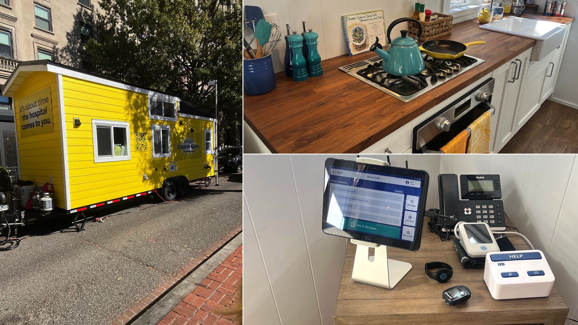 A collection of three photos. On the left: a yellow tiny home. At top right: a kitchen counter. At bottom right: a desk with medical equipment on it.
