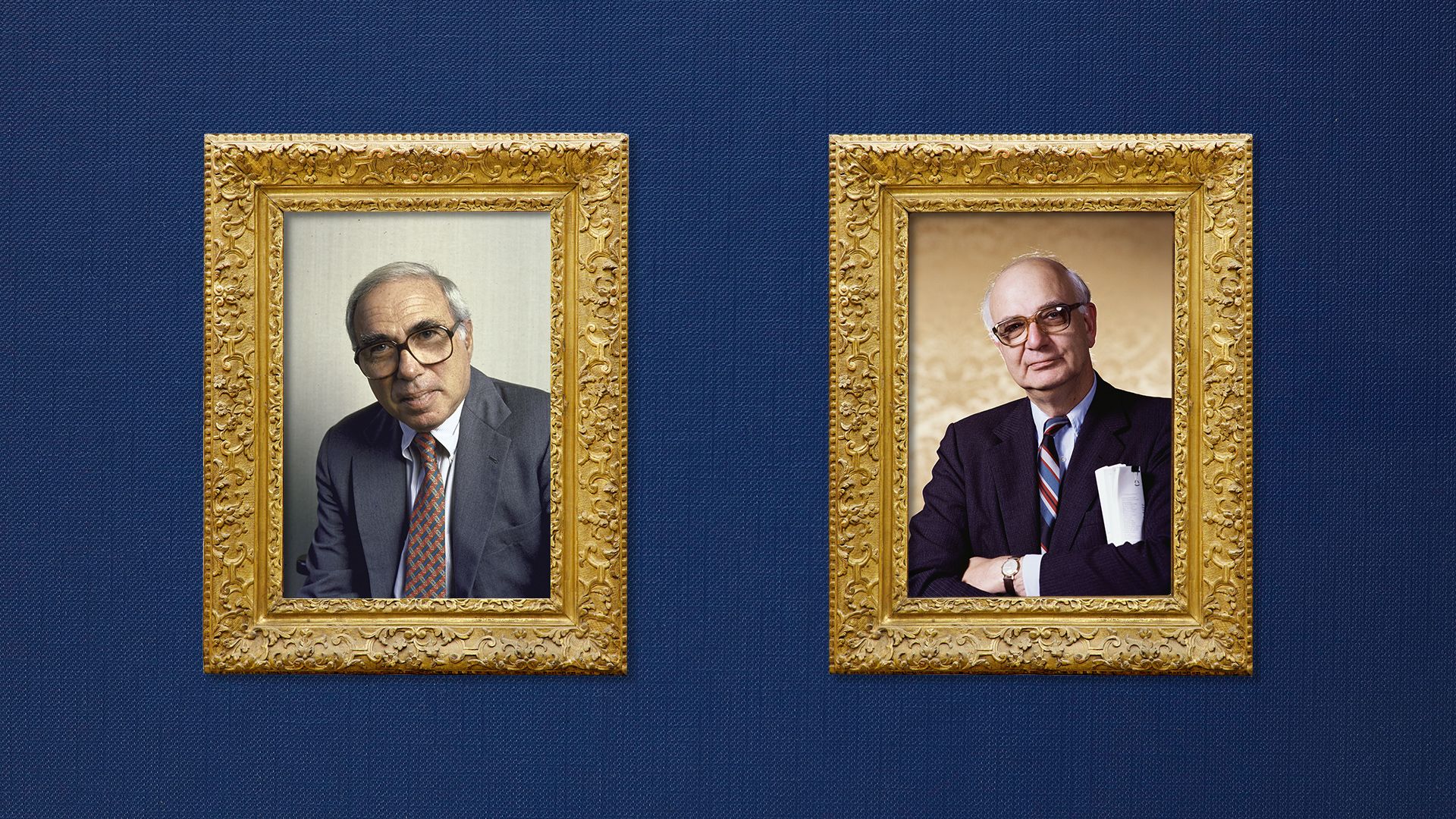 Photo illustration of Paul Volcker and Felix Rohatyn.