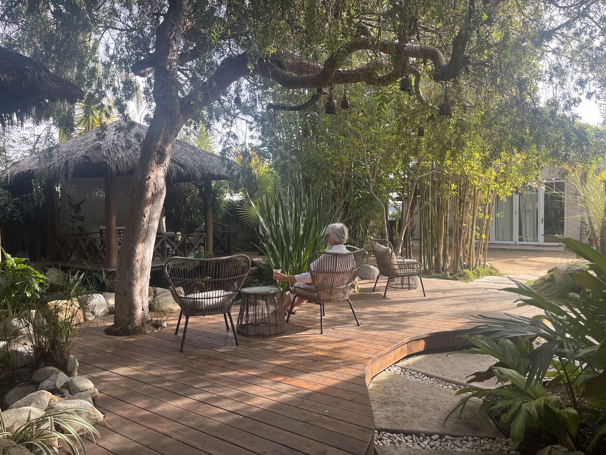 Person with gray hair sitting on a wicker chair on a wooden deck surrounded by green plants, bamboo, large trees, and a thatched-roof gazebo on a sunny day.