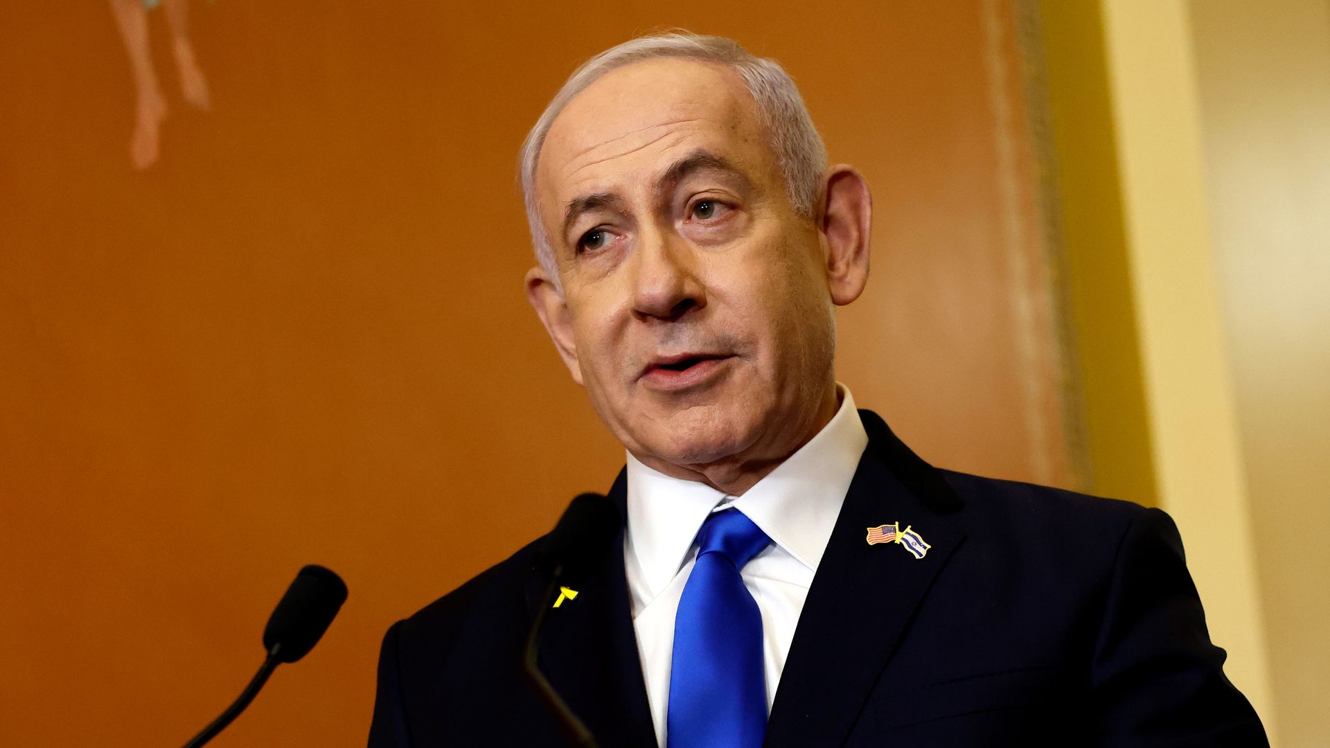 Israeli Prime Minister Benjamin Netanyahu speaks to reporters alongside Speaker of the House Mike Johnson (R-LA) at the U.S. Capitol Building on July 24, 2024 in Washington, DC.